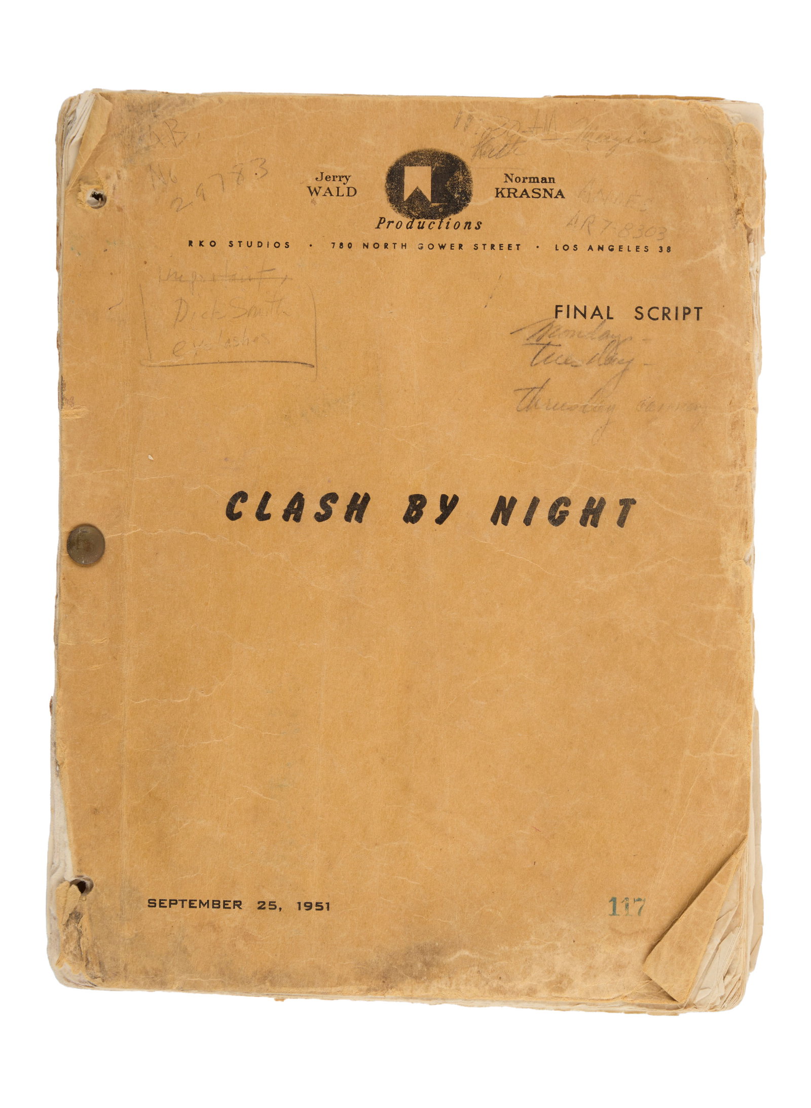 Marilyn Monroe | 1951 Lightly Annotated Script from "Clash by Night": RKO, 1952; yellow covers, marked "Final Script," dated "September 25, 1951," screenplay by Alfred Hayes, 115 pages, with the star's ownership signature penciled in the upper right corner of cover