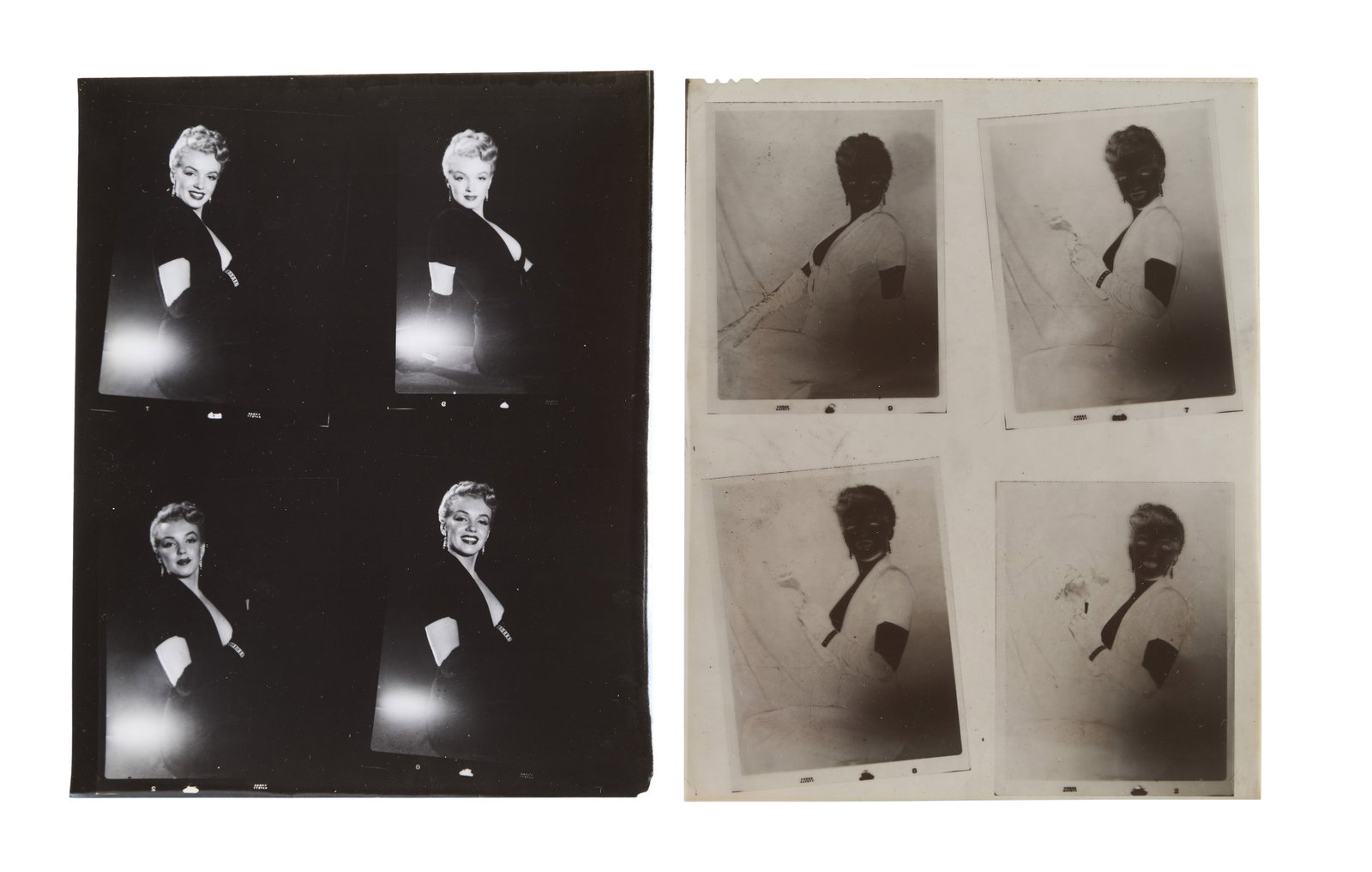 Marilyn Monroe | 1950/1960s Black and White Contact Sheet and Negative by Ed Clark: A circa 1960s later print; glossy finish, weight-and-a-half paper, depicting four (flopped) images of the then starlet wearing a revealing black dress and long black gloves; with its 10"x8" negative; 
