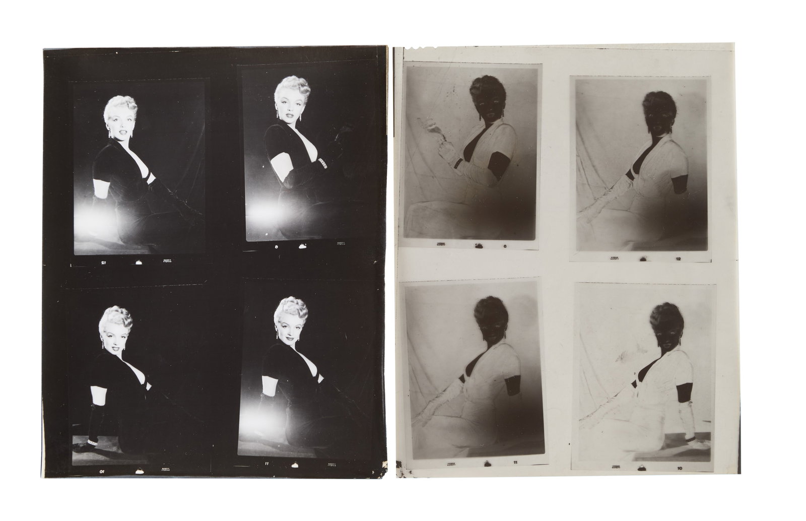 Marilyn Monroe | 1950/1960s Black and White Contact Sheet and Negative by Ed Clark: A circa 1960s later print; glossy finish, weight-and-a-half paper, depicting four (flopped) images of the then starlet wearing a revealing black dress and long black gloves; with its 10"x8" negative; 