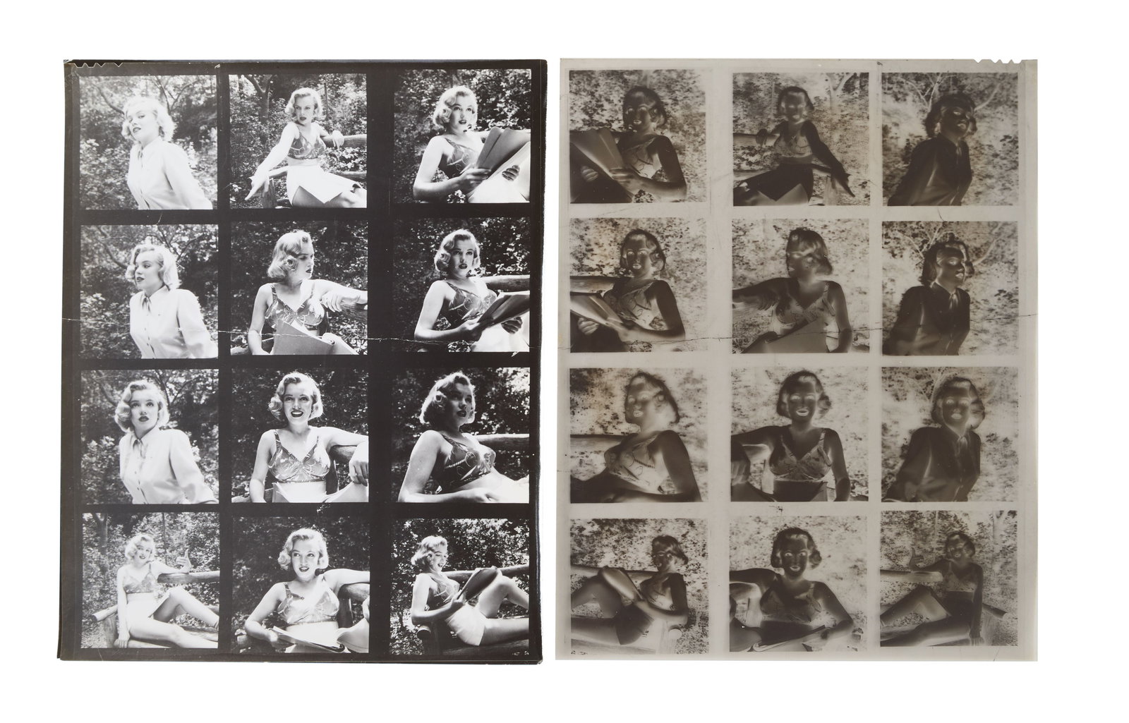 Marilyn Monroe | 1950/1960s Black and White Contact Sheet and Negative by Ed Clark: A circa 1960s later print; glossy finish, weight-and-a-half paper, depicting twelve images of the then starlet wearing white shorts and a blouse or a print bathing suit top as she poses in Griffith