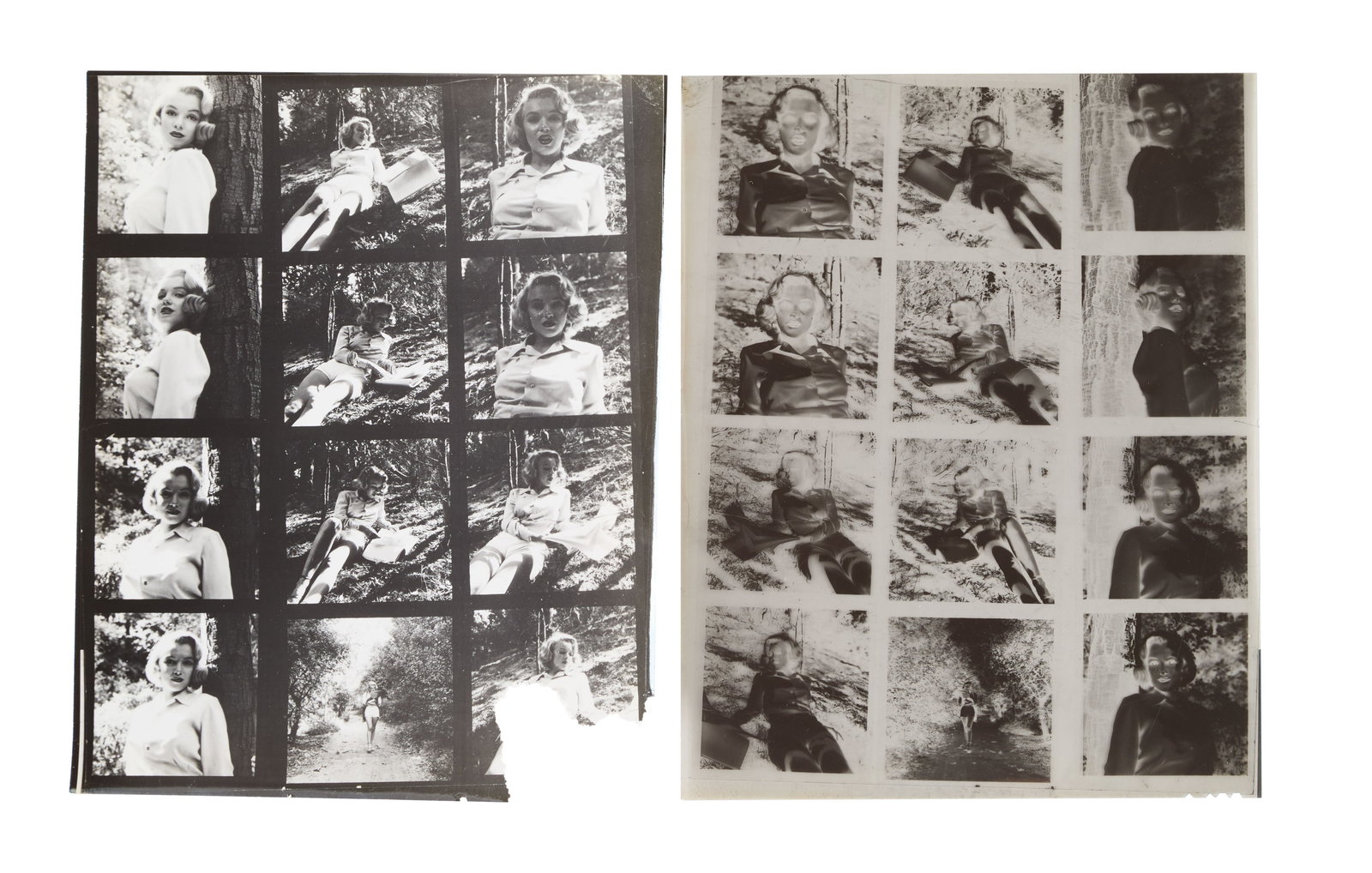 Marilyn Monroe | 1950/1960s Black and White Contact Sheet and Negative by Ed Clark: A circa 1960s later print; glossy finish, weight-and-a-half paper, depicting twelve images of the then starlet wearing white shorts and a blouse as she poses in Griffith Park in Los Angeles; with its 
