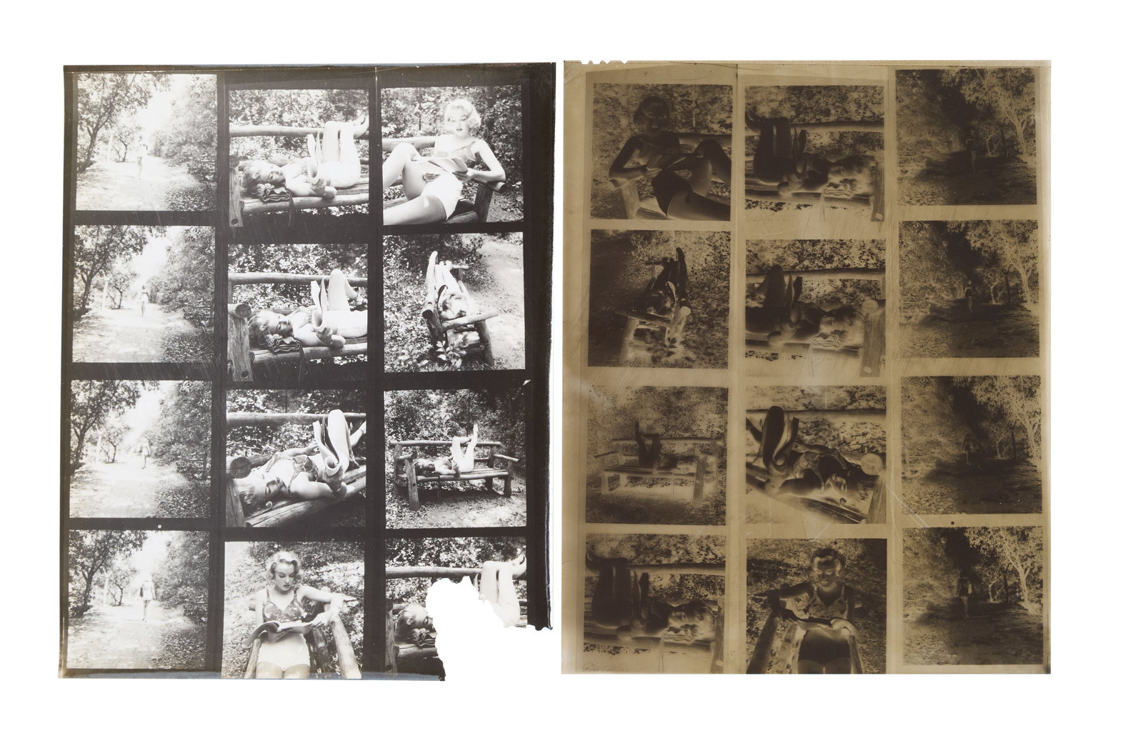 Marilyn Monroe | 1950/1960s Black and White Contact Sheet and Negative by Ed Clark: A circa 1960s later print; glossy finish, weight-and-a-half paper, depicting twelve images of the then starlet wearing white shorts and a print bathing suit top as she poses in Griffith Park in Los An