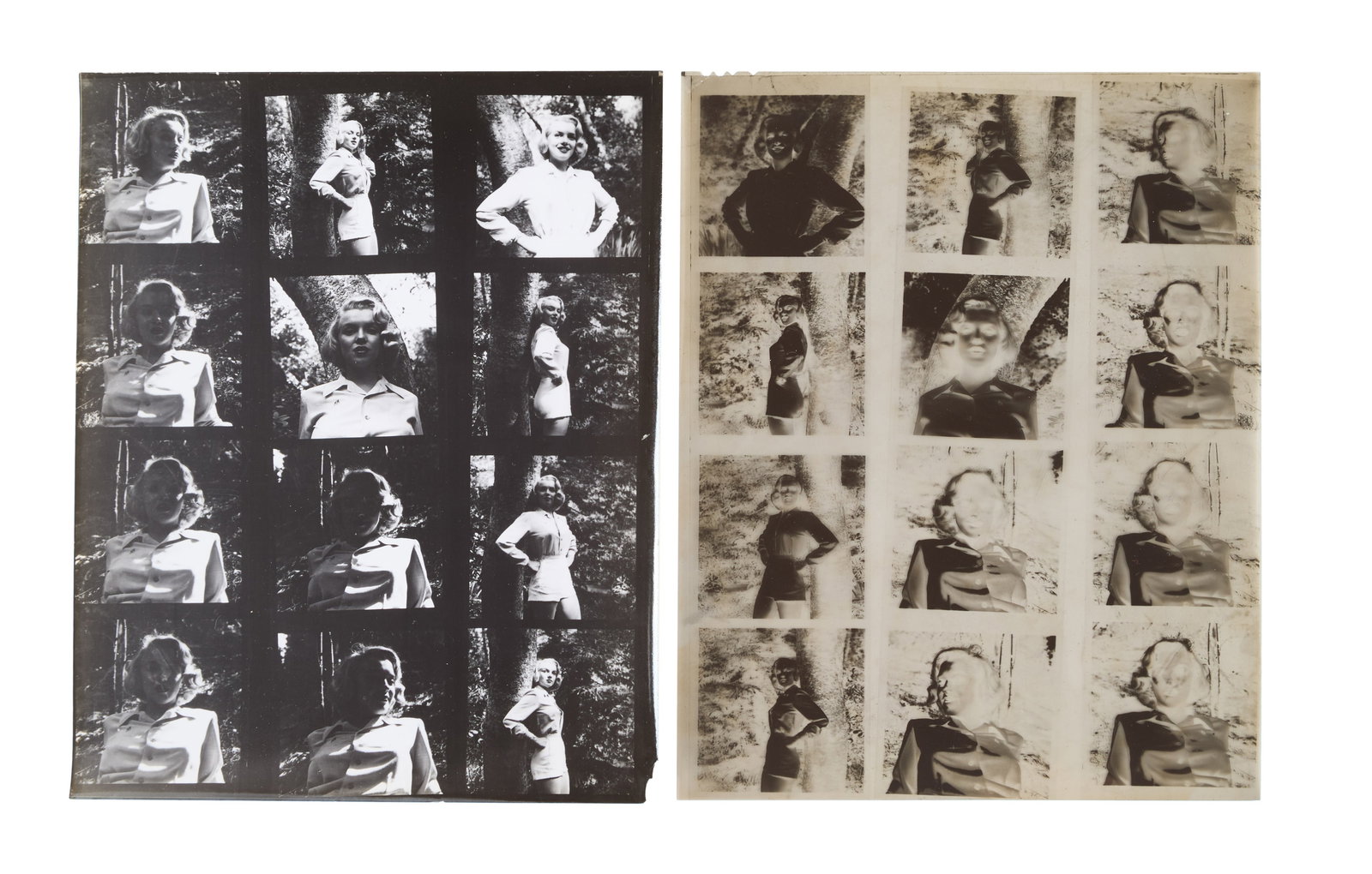 Marilyn Monroe | 1950/1960s Black and White Contact Sheet and Negative by Ed Clark: A circa 1960s later print; glossy finish, weight-and-a-half paper, depicting twelve images of the then starlet wearing white shorts and a blouse as she poses in Griffith Park in Los Angeles; with its 