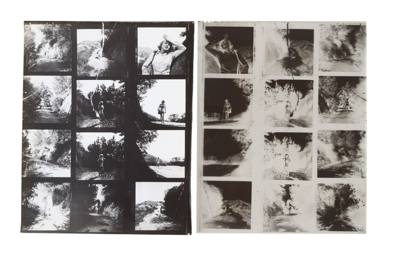 Marilyn Monroe | 1950/1960s Black and White Contact Sheet and Negative by Ed Clark: A circa 1960s later print; glossy finish, weight-and-a-half paper, depicting twelve images of the then starlet wearing white shorts and a blouse as she poses in Griffith Park in Los Angeles; with its 