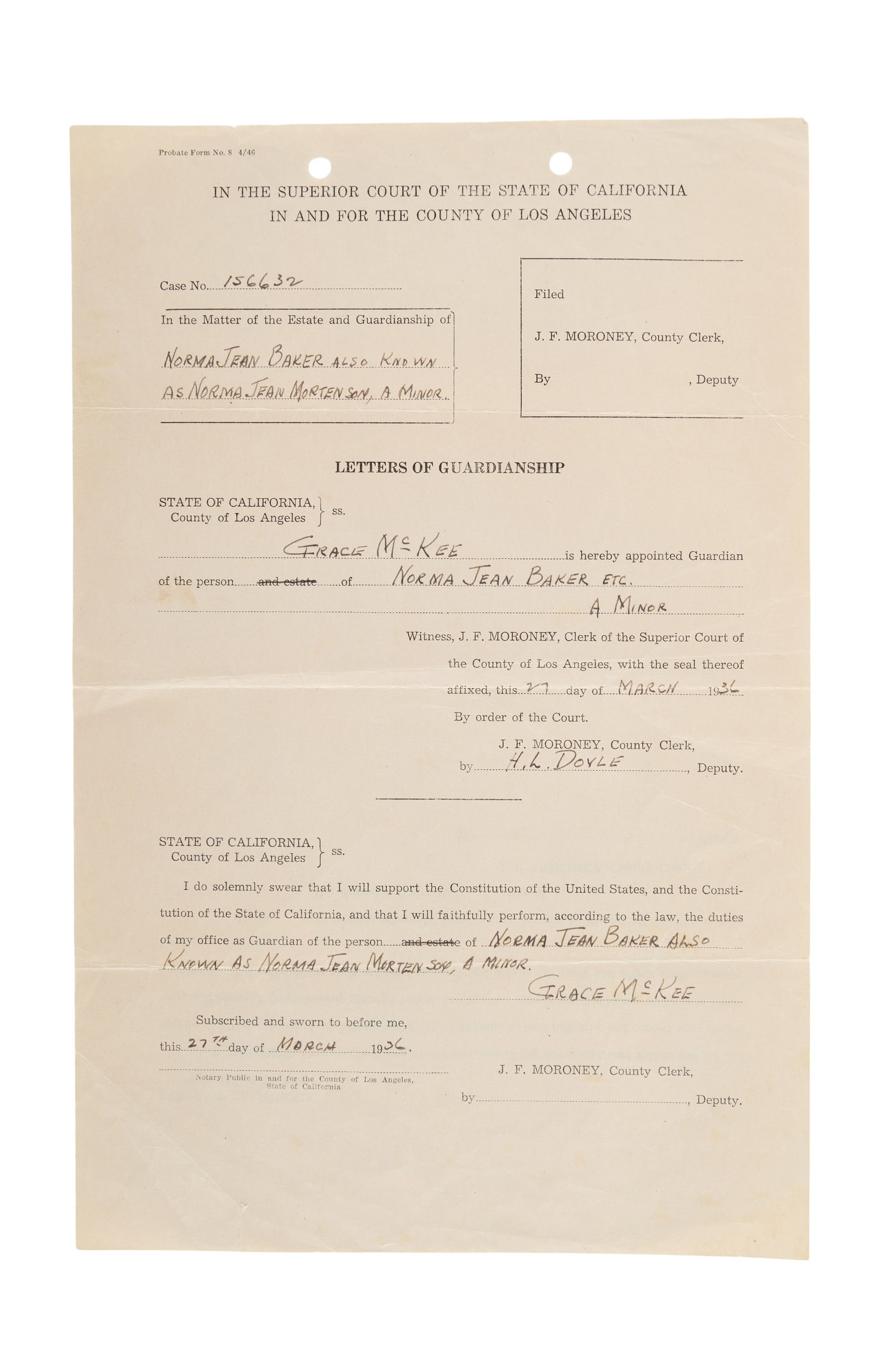Marilyn Monroe | 1936 "Letters of Guardianship" Document: A single-page legal form; issued by "The Superior Court of the State of California / In and For the County of Los Angeles," dated "27 March 1936," penned in black fountain pen ink noting in part that 