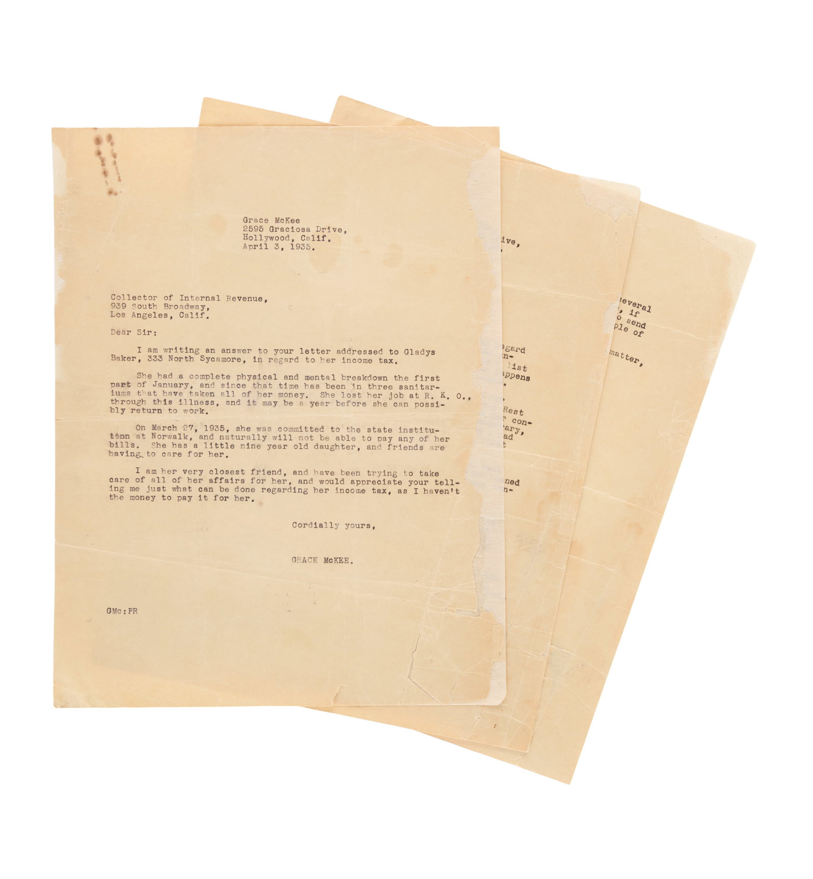 Marilyn Monroe | 1935 Sad Letters from Grace McKee: A group of two; both typed, both seeming to be file copies as neither are signed; the first is one page, dated "April 3, 1935," addressed to "Collector of Internal Revenue," Grace outlines how her fri