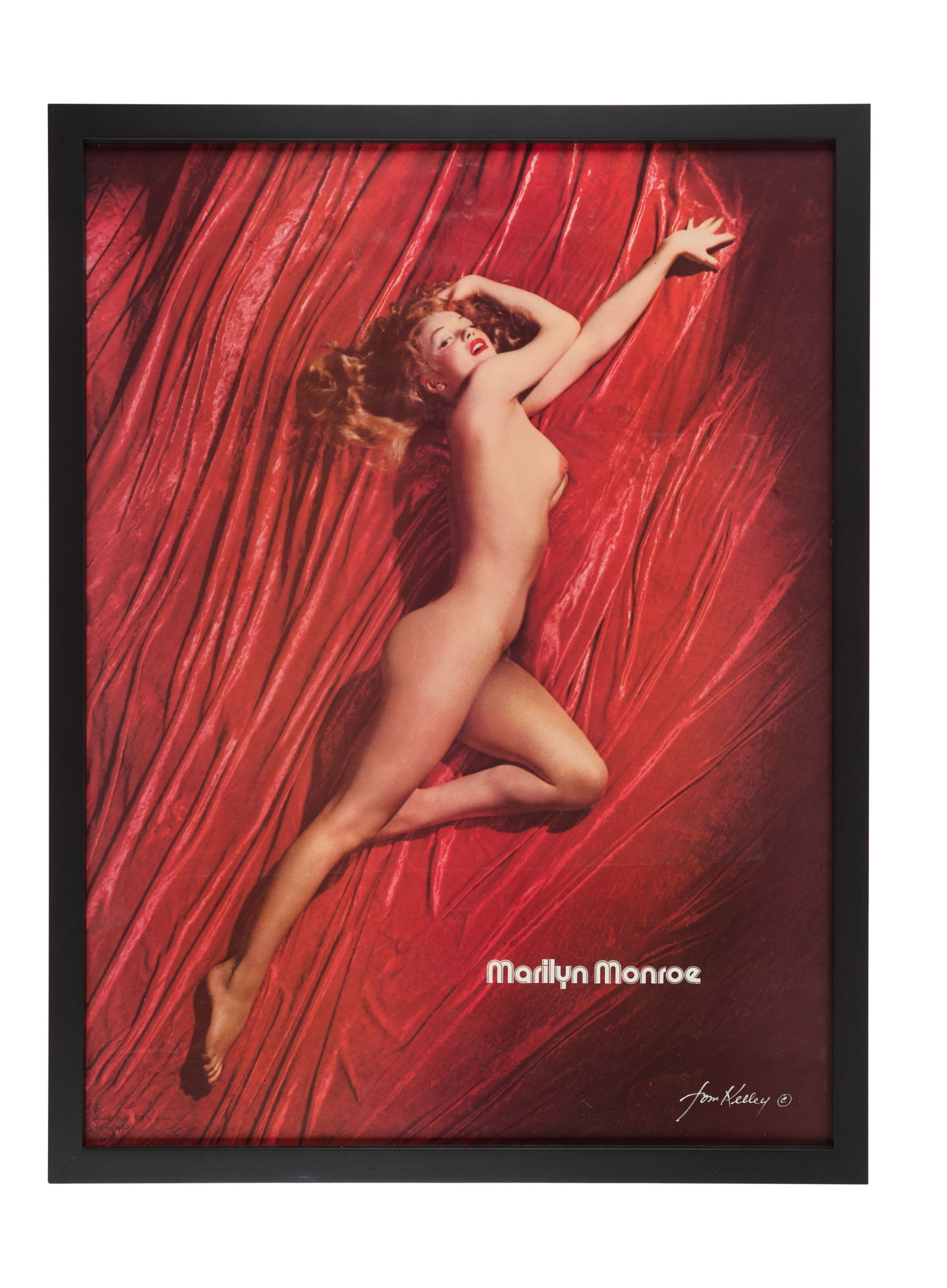 Marilyn Monroe | 1949/1970s Tom Kelley Signed Poster: A piece printed in the mid-1970s; depicting the photographer's famous image he titled "A New Wrinkle" which he took in 1949 of a then unknown young model; white text in lower right corner reads "Maril