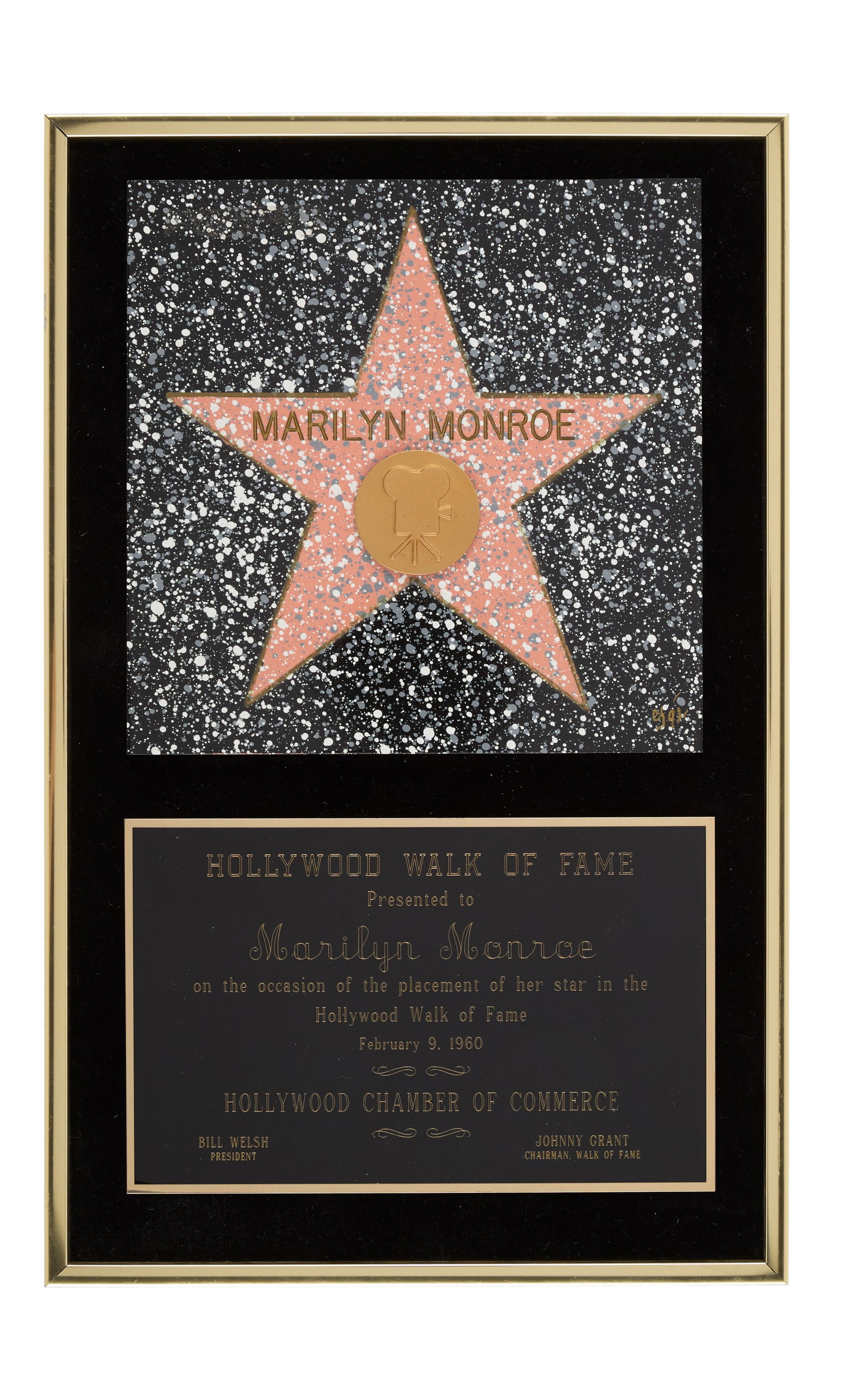 Marilyn Monroe | Circa 1990 Hollywood Walk of Fame Plaque: A small replica of the star's star on Hollywood Boulevard; text below reads in part "Presented to / Marilyn Monroe / on the occasion of the placement of her star / ?February 9, 1960," likely mad
