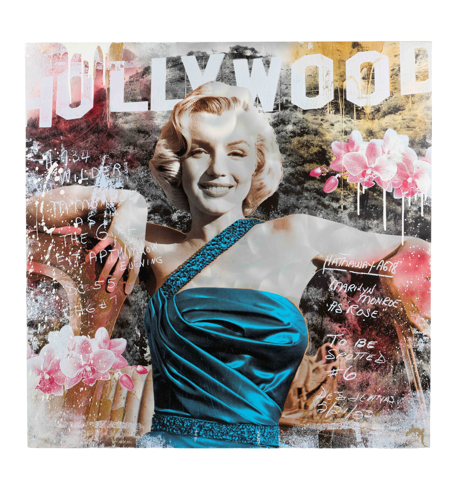 Marilyn Monroe | 2000s Enormous Limited Edition Print by Devin Miles: An impressive mixed media work rendered on a large sheet of metal; titled "As Rose," depicting a colorized image of the star [based on a 1953 photograph shot by Frank Worth] as the Hollywood sign and 