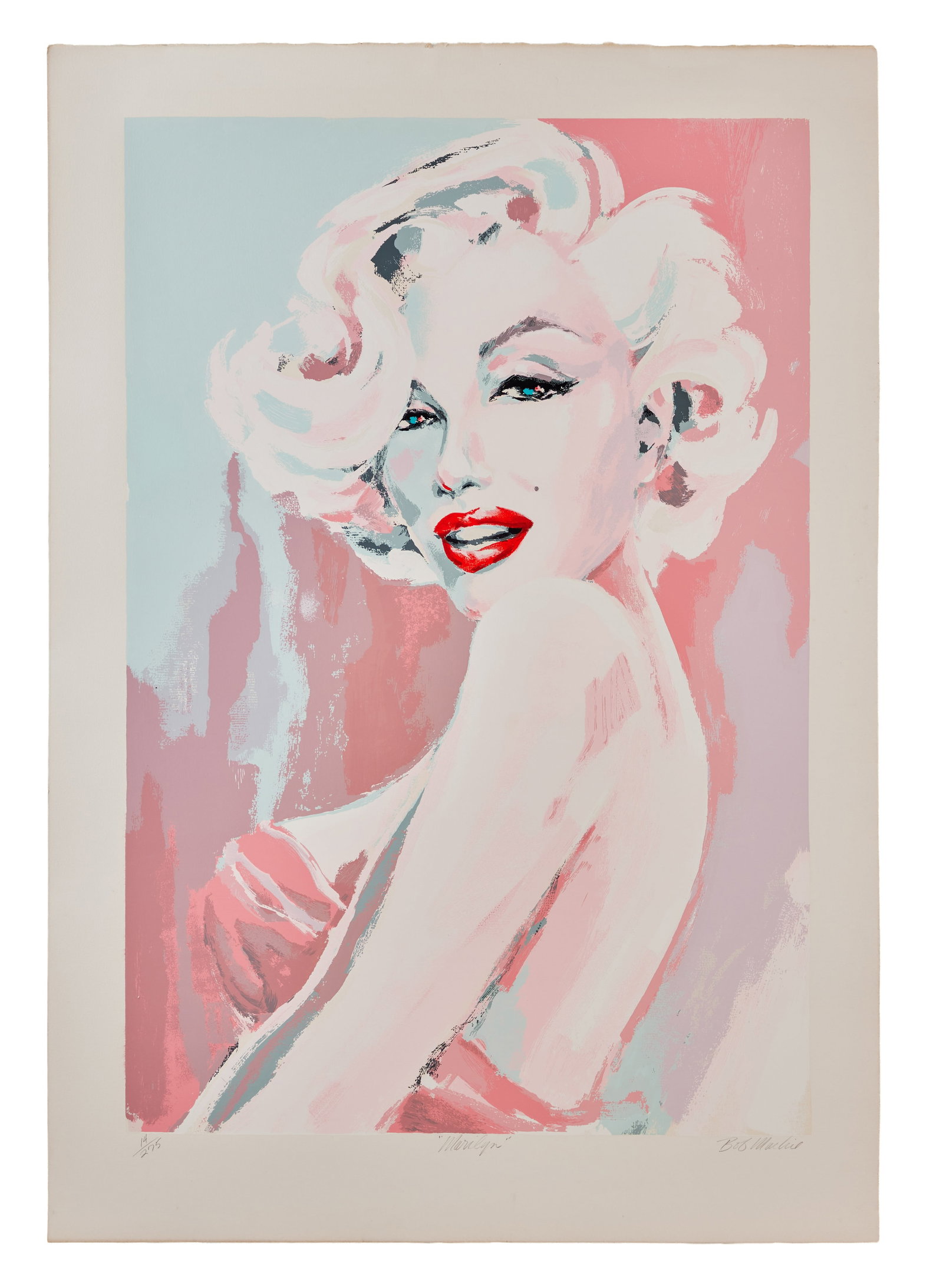 Marilyn Monroe | 1977 Bob Mackie Signed Limited Edition Print: A piece featuring a gorgeous likeness of the star rendered in pastel tones, on heavy and quality paper stock, numbered and signed in pencil on the lower margin "14/275 ?Marilyn' Bob Mackie"; included 