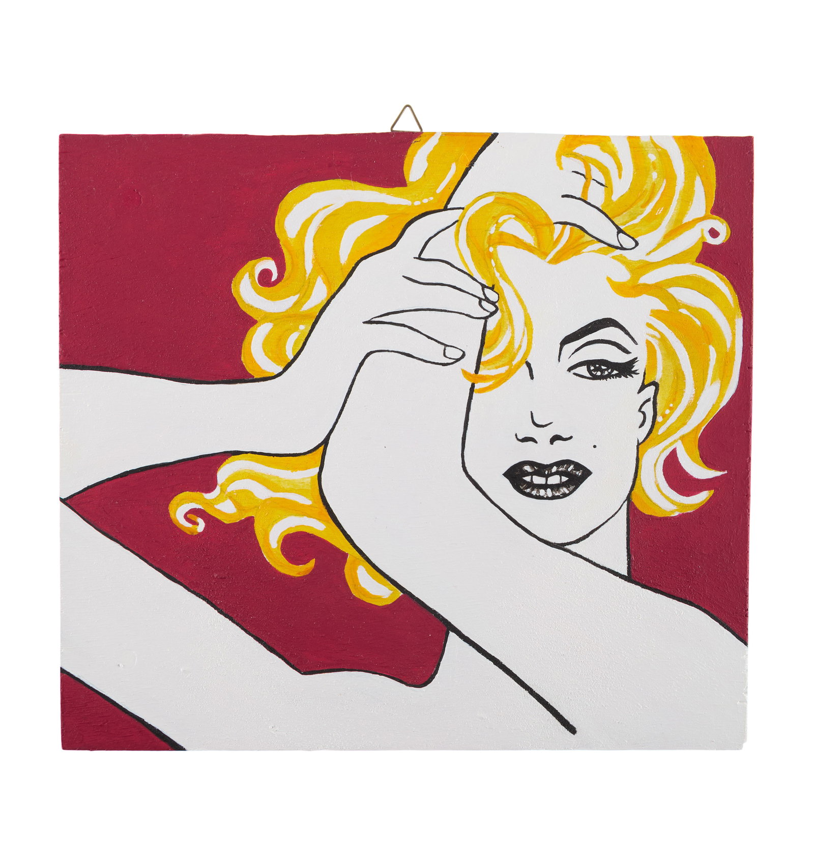 Marilyn Monroe | 2013 Painting: A small acrylic on board piece; depicting an image of the star with yellow hair set against a burgundy background; verso inscribed "La Monroe / 2013 / Vilma Fern"; from the personal collection of Greg