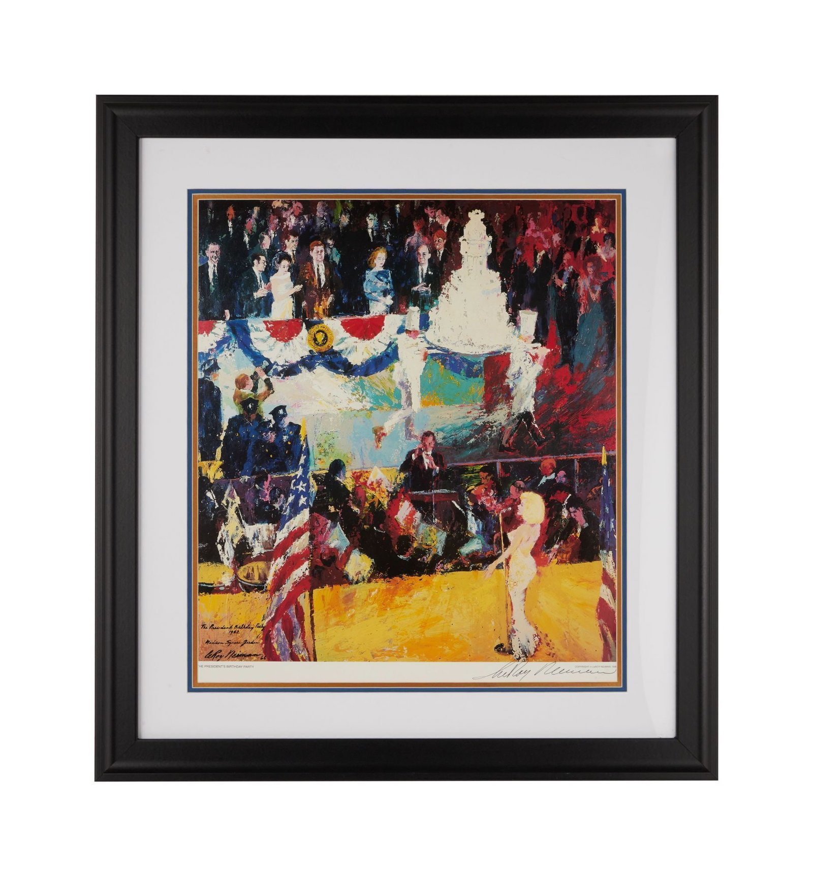 Marilyn Monroe | 1962/1966/1989 LeRoy Neiman Signed Print: A colorful piece based on the original created by the artist in 1966; titled "The President's Birthday Party / 1962 / Madison Square Garden," print date of "1989" appears in lower right corner, signed