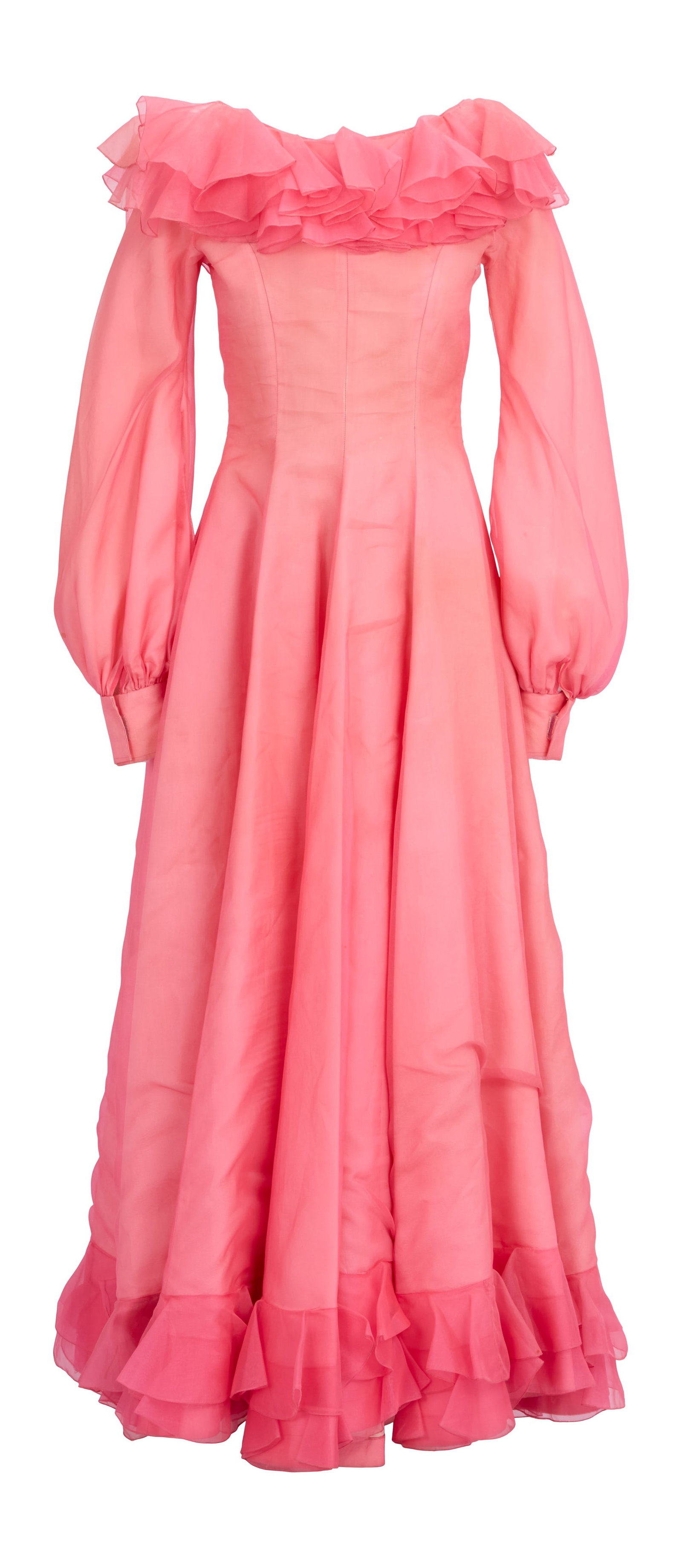 Ann-Margret | 1960s Bubble Gum Pink Gown: A garment made of bubble gum pink silk; floor-length, ruffles at hem, long peasant sleeves, boat neck with ruffled trim; back zip-up and Velcro closures; no labels present. Ann-Margret has worn this