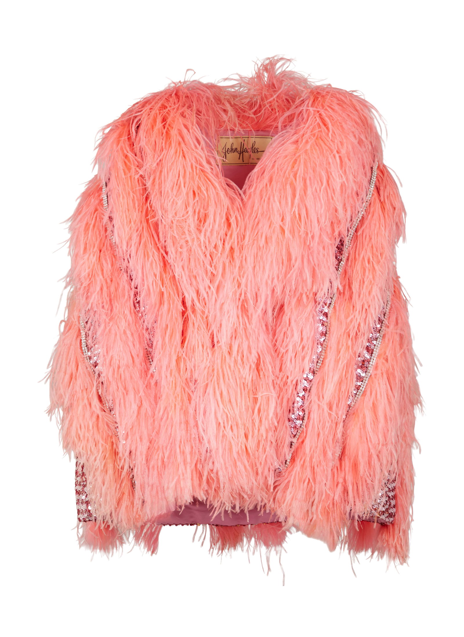 Ann-Margret | 1960s Bubble Gum Pink Cape: A stunning piece; made of bubble gum pink silk entirely adorned with same-color marabou feathers and sequins, further decorated with vertical stripes of rhinestones, two openings for arms on either