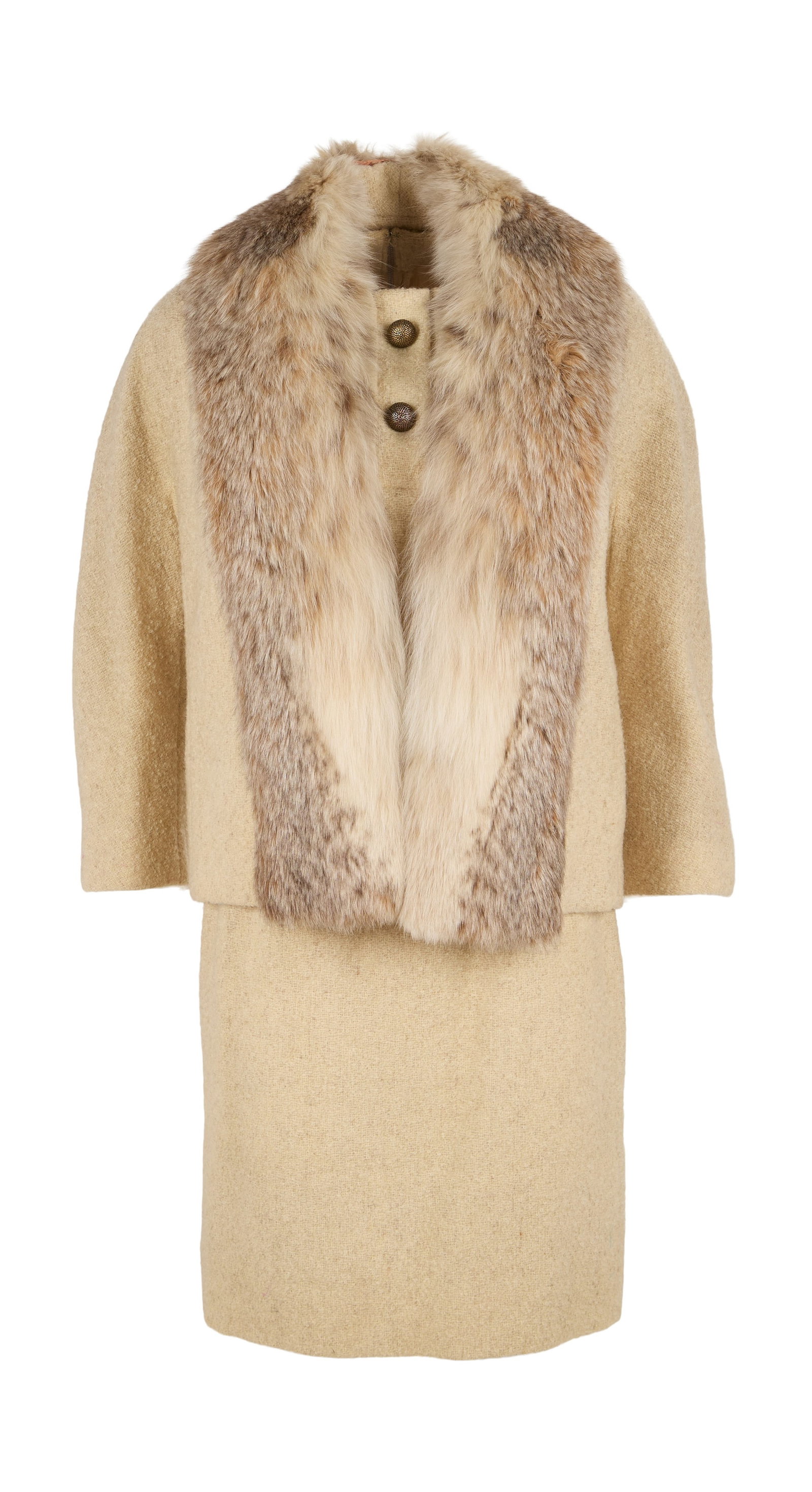 Ann-Margret | Early 1960s Day Suit: A three-piece ensemble made of crème-colored boucl? wool; comprising: a jacket, three-quarter length sleeves, trimmed in fox fur; a matching top, capped sleeves, two decorative pockets at