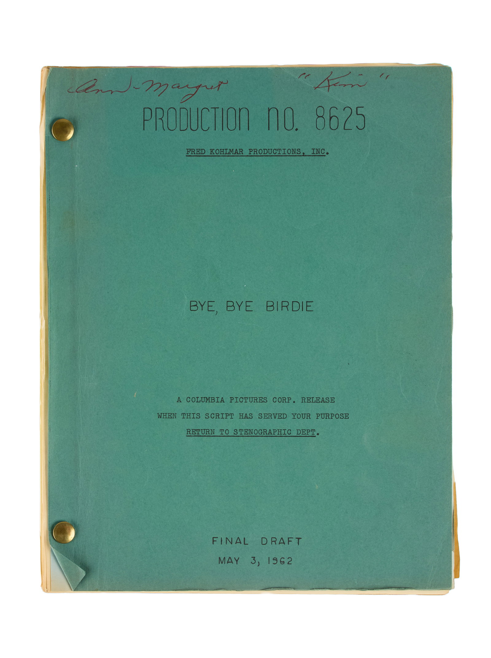 Ann-Margret | 1962 Working Copy Script from "Bye Bye Birdie" (I): Columbia, 1963; teal-blue covers, marked "Final Draft," dated "May 3, 1962," the star's black ballpoint ink handwritten annotations on the upper margin of cover read "Ann-Margret / Kim" ["Kim