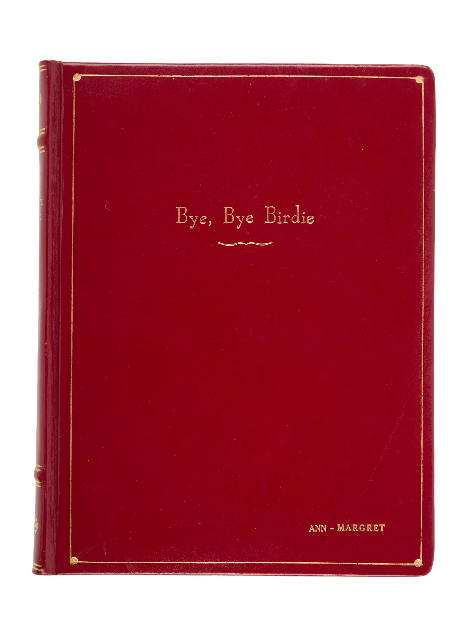 Ann-Margret | 1962 Library Copy Script of "Bye Bye Birdie" (III): Columbia, 1963; elegant red leather covers, film title and star's name embossed in gold-tone ink on front, just the film title noted on spine, dated "February 9, 1962," screenplay by Irving Brecher,