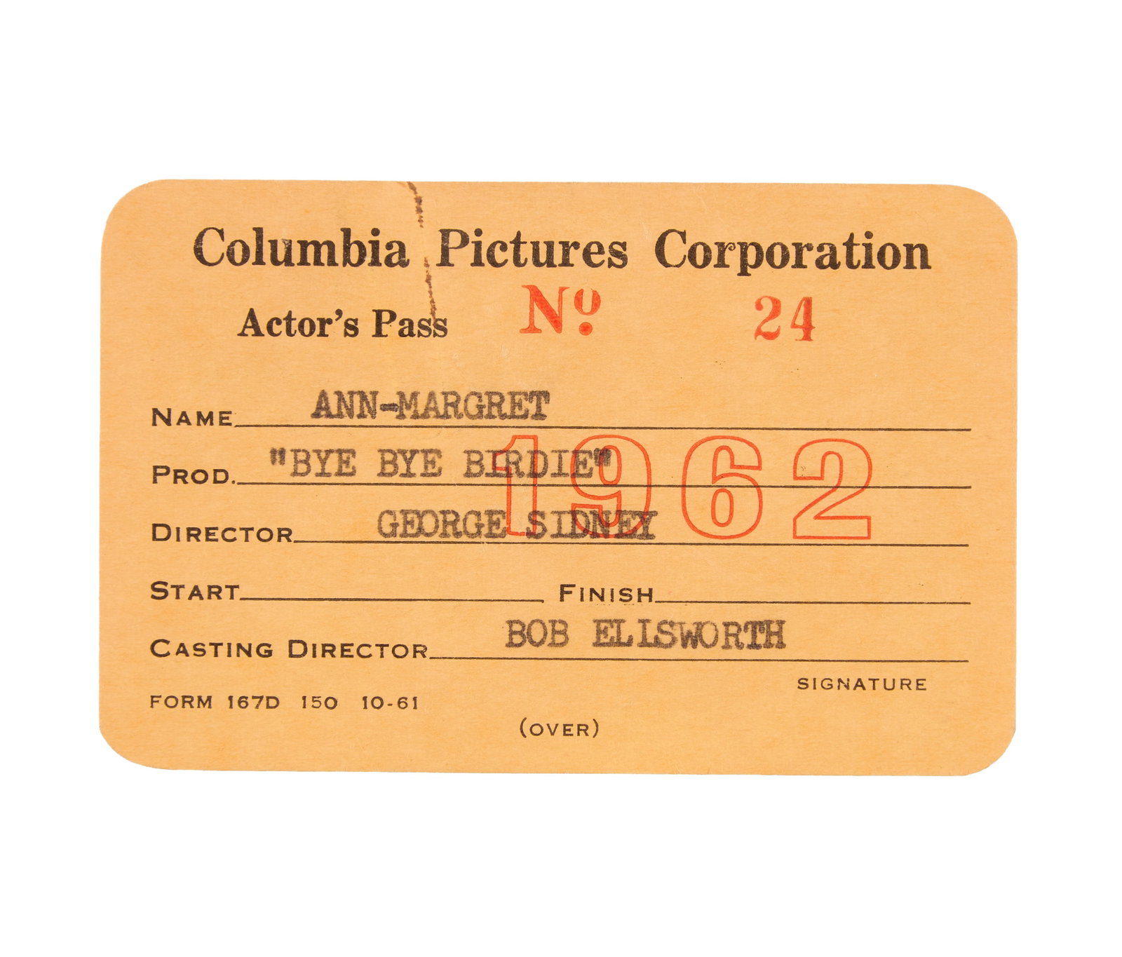 Ann-Margret | 1962 "Actor's Pass" from "Bye Bye Birdie": A small goldenrod yellow piece; text on top margin reads "Columbia Pictures Corporation / Actor's Pass," typed information notes in part the actress' name, the production she was working for the year