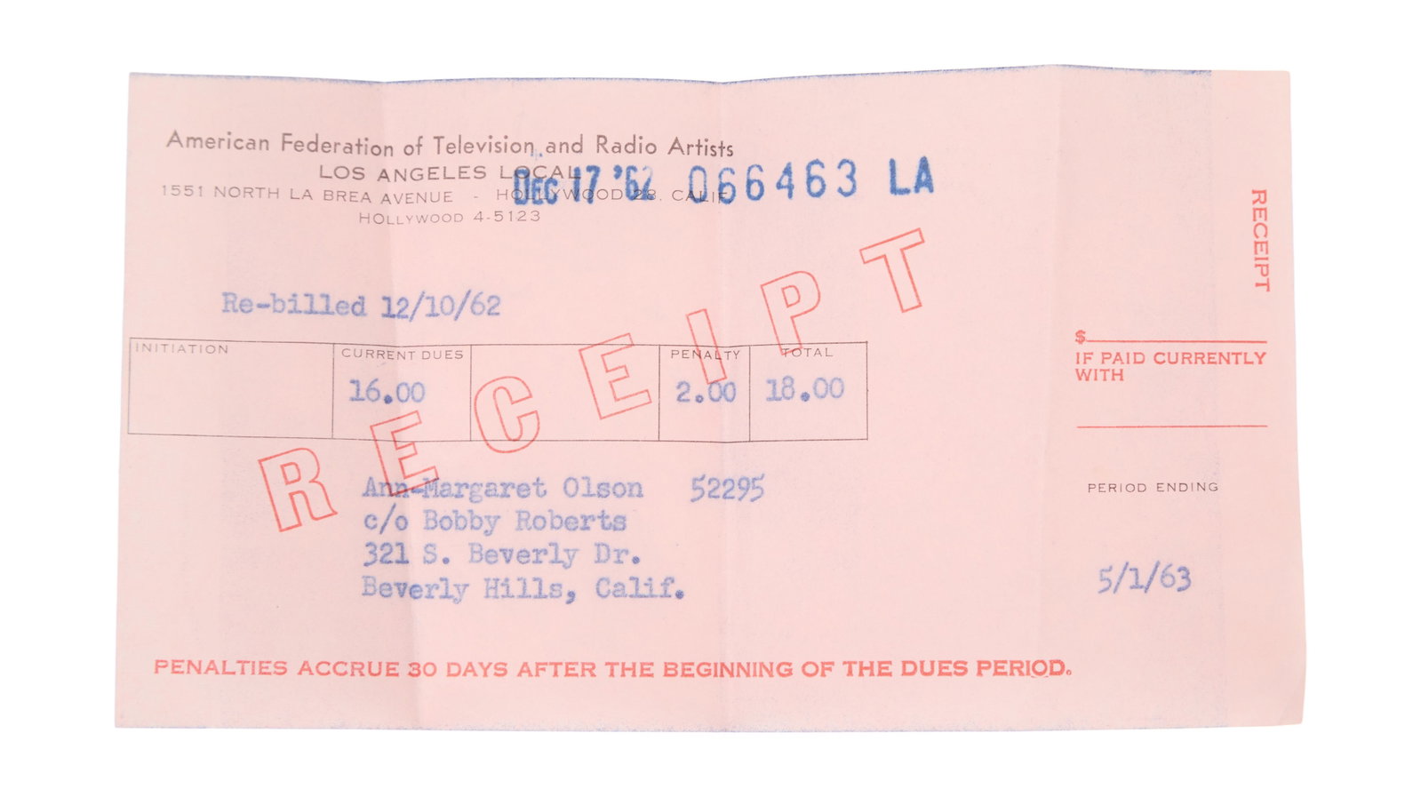 Ann-Margret | 1962 AFTRA Receipt (1 of 2)
