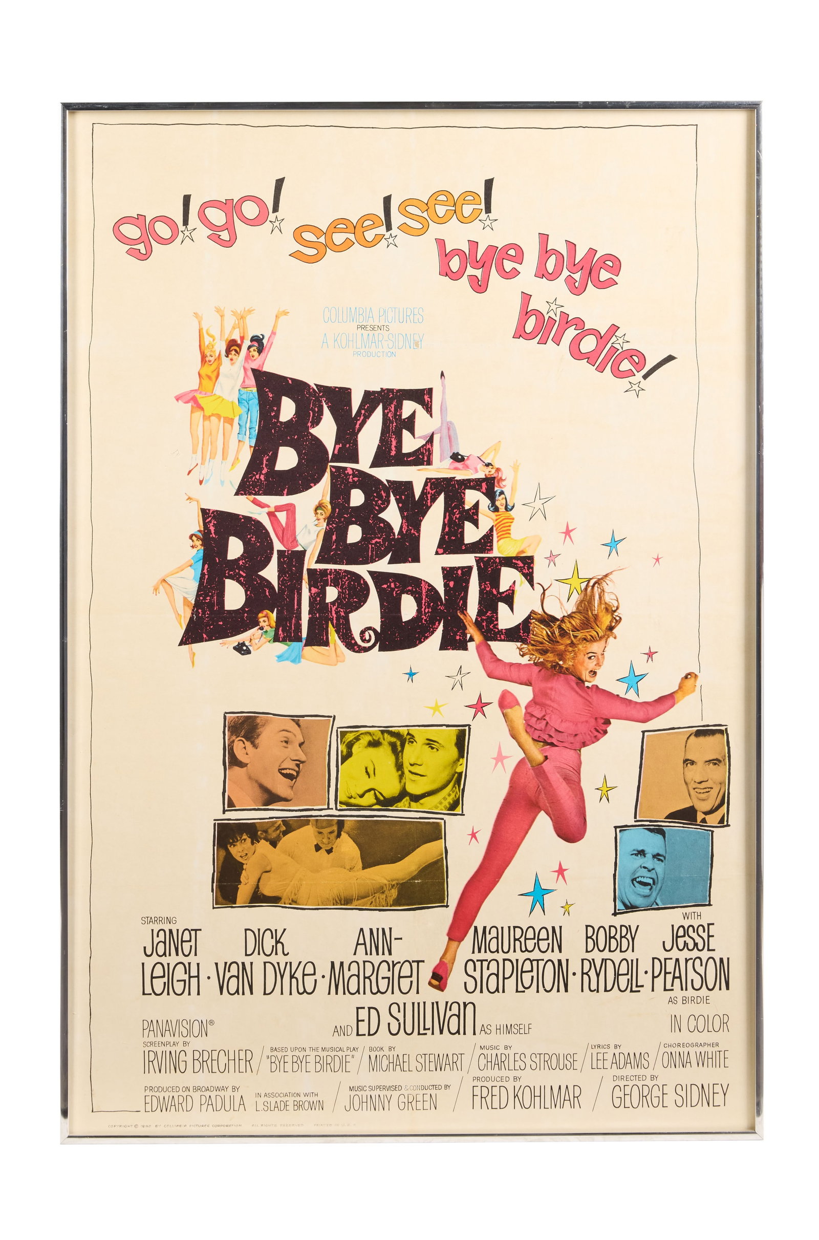 Ann-Margret | 1963 One-Sheet Movie Poster from "Bye Bye Birdie": Columbia, 1963; featuring an excellent likeness of the star wearing hot pink Capri pants and a ruffled top; from the film that put her on the map; framed (glass is missing); please note poster is