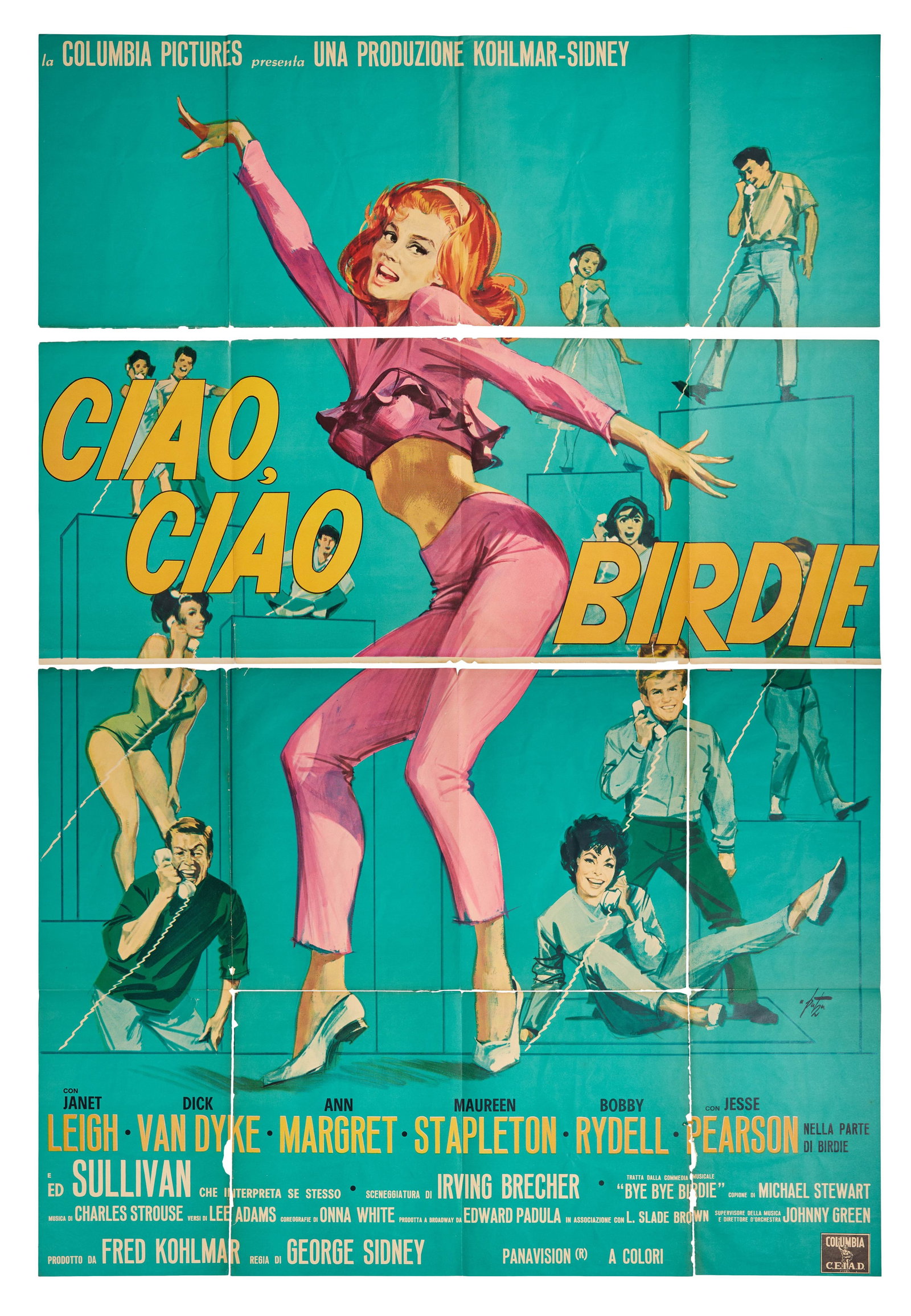 Ann-Margret | 1963 Italian 4 Fogli Movie Poster from "Bye Bye Birdie" : Columbia, 1963; "Ciao, Ciao Birdie" [Bye, Bye Birdie], featuring vibrant and colorful artwork by Arnaldo Putzu depicting Ann-Margret "frug and center" in her hot pink Capri pants as the kids (plus