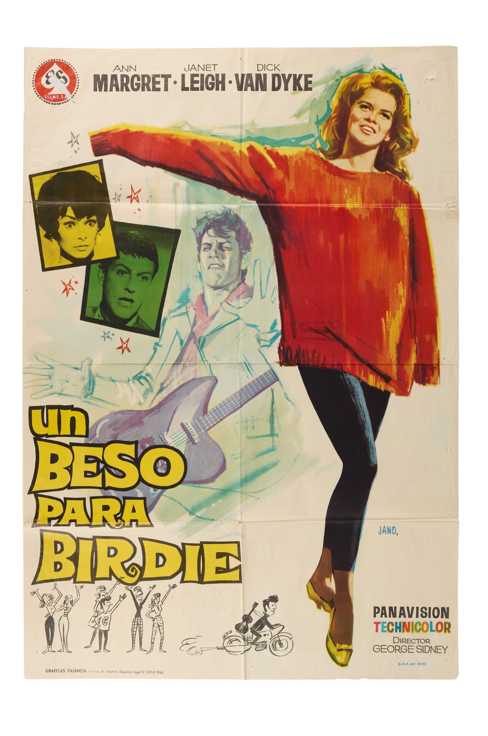 Ann-Margret | 1963 Spanish One Sheet Movie Poster from "Bye Bye Birdie": Columbia, 1963; "Un Beso Para Birdie" [A Kiss for Birdie], featuring colorful artwork by Juno [real name: Francisco Fern?ndez-Zarza P?rez] depicting Ann-Margret wearing her classic oversized sweater