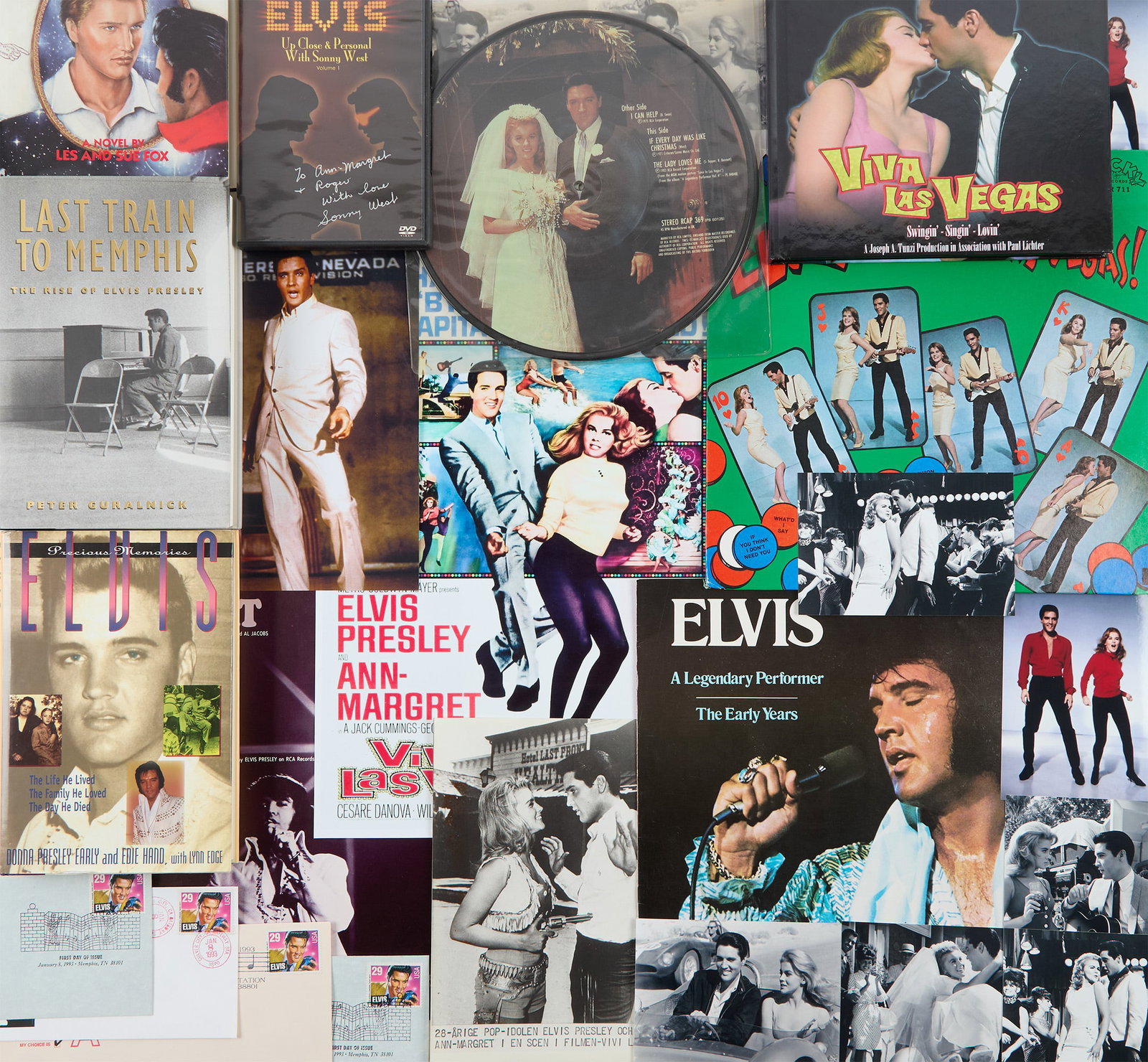 Ann-Margret | 1990s-2000s Elvis Presley Collectibles: A group of approximately 15 items; all related to The King, including books, a DVD signed to Ann-Margret by Sonny West [one of Elvis' Memphis Mafia members], first day issue USPS "Elvis" stamps,