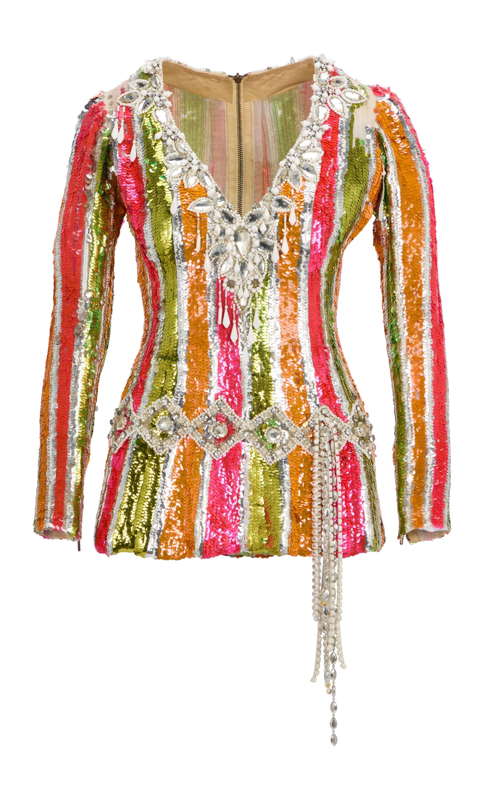 Ann-Margret | 1960s Spectacular Dance Costume: A bodysuit-type garment; comprising a long-sleeved tunic-style top adorned with hot pink, lime green, and orange vertical stripes of sequins, the V-neck and waist area are further adorned with heavy