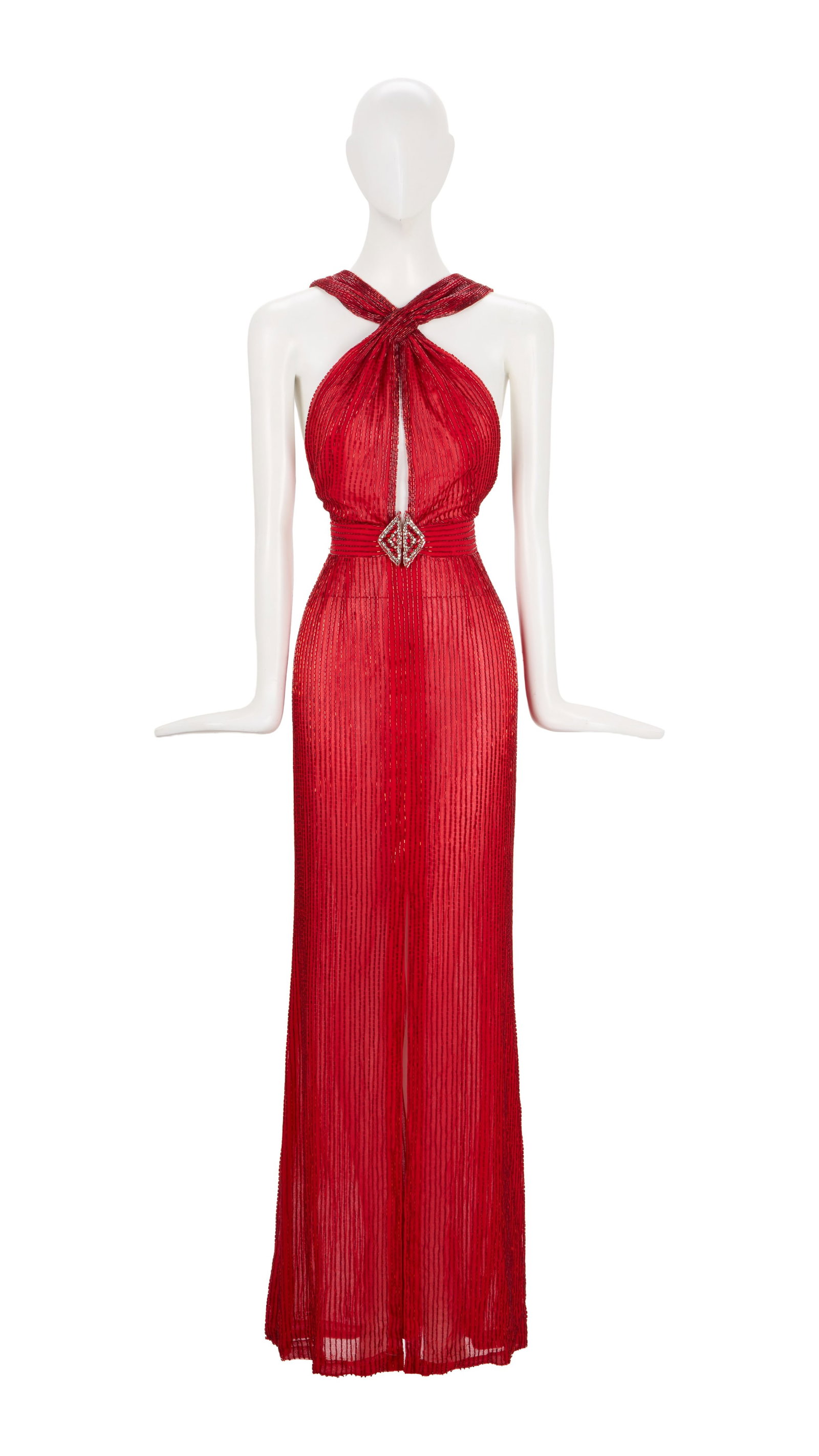 Ann-Margret | 1975 Gown Worn to the After Dark Ruby Awards: A garment made of red silk; floor-length, large slit up center, entirely encrusted with bugle beads, halter top upper portion, geometric-shaped adornment at waist made of large red and clear stones,