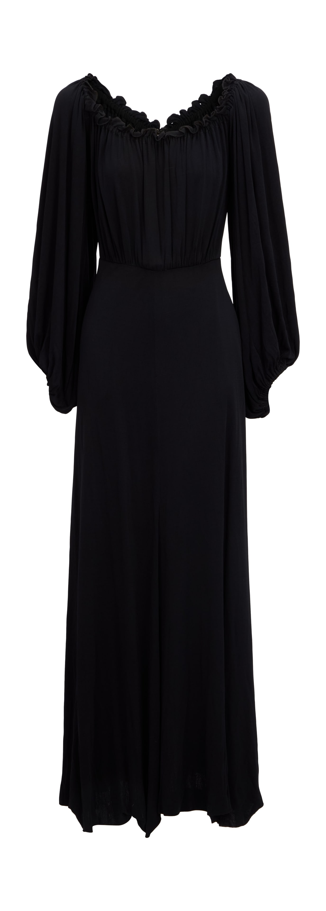 Ann-Margret | 1976 Dress by Bob Mackie Worn to The Golden Globes Award When She Won for "Tommy": A garment made of black silk jersey; floor-length, long peasant sleeves, scoop neckline with ruffled trim; inseam pockets, back zip-up closure; label reads "Bob Mackie," waist tie now missing; worn by