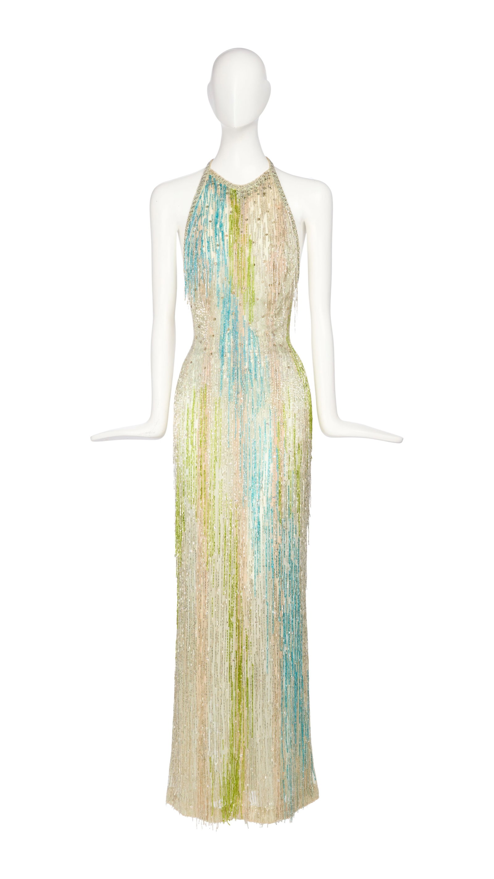 Ann-Margret | 1975 Gown by Bob Mackie Worn to the New York Film Premiere of "Tommy": A garment made of sheer ivory-colored silk chiffon, heavily adorned throughout with turquoise, lime green, and silver dangling bugle beads and silver sequins, floor-length, halter-top style, back