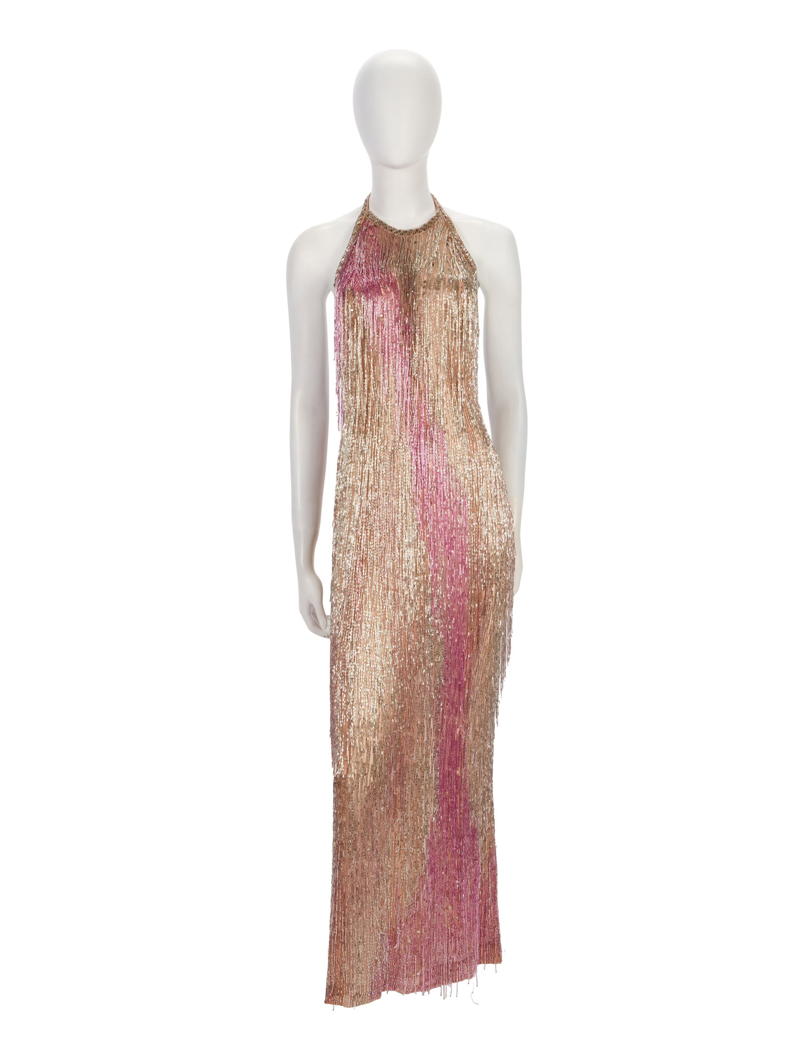 Ann-Margret | 1975 Peach-Colored Gown by Bob Mackie: A floor-length halter-top style evening dress; made of sheer peach-colored silk chiffon, heavily adorned throughout with pink and silver dangling bugle beads and silver sequins, back zip-up closure;