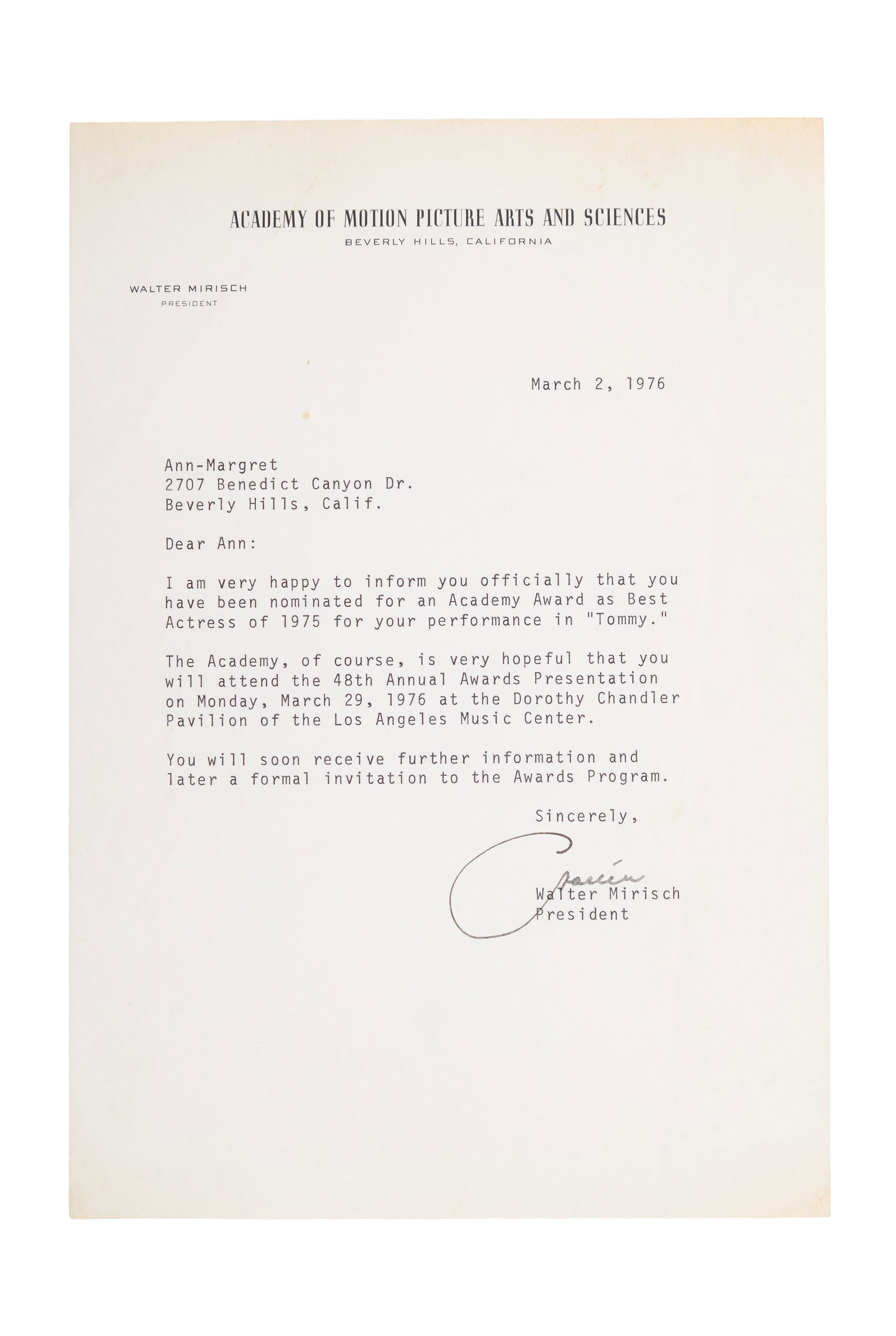 Ann-Margret | 1976 Letter Related to Her Academy Award Nomination for "Tommy": A single sheet of letterhead from the AMPAS; typed, dated "March 2, 1976," addressed to the star from Walter Mirisch, reading in part "Dear Ann: / ?you / have been nominated for an Academy Award as