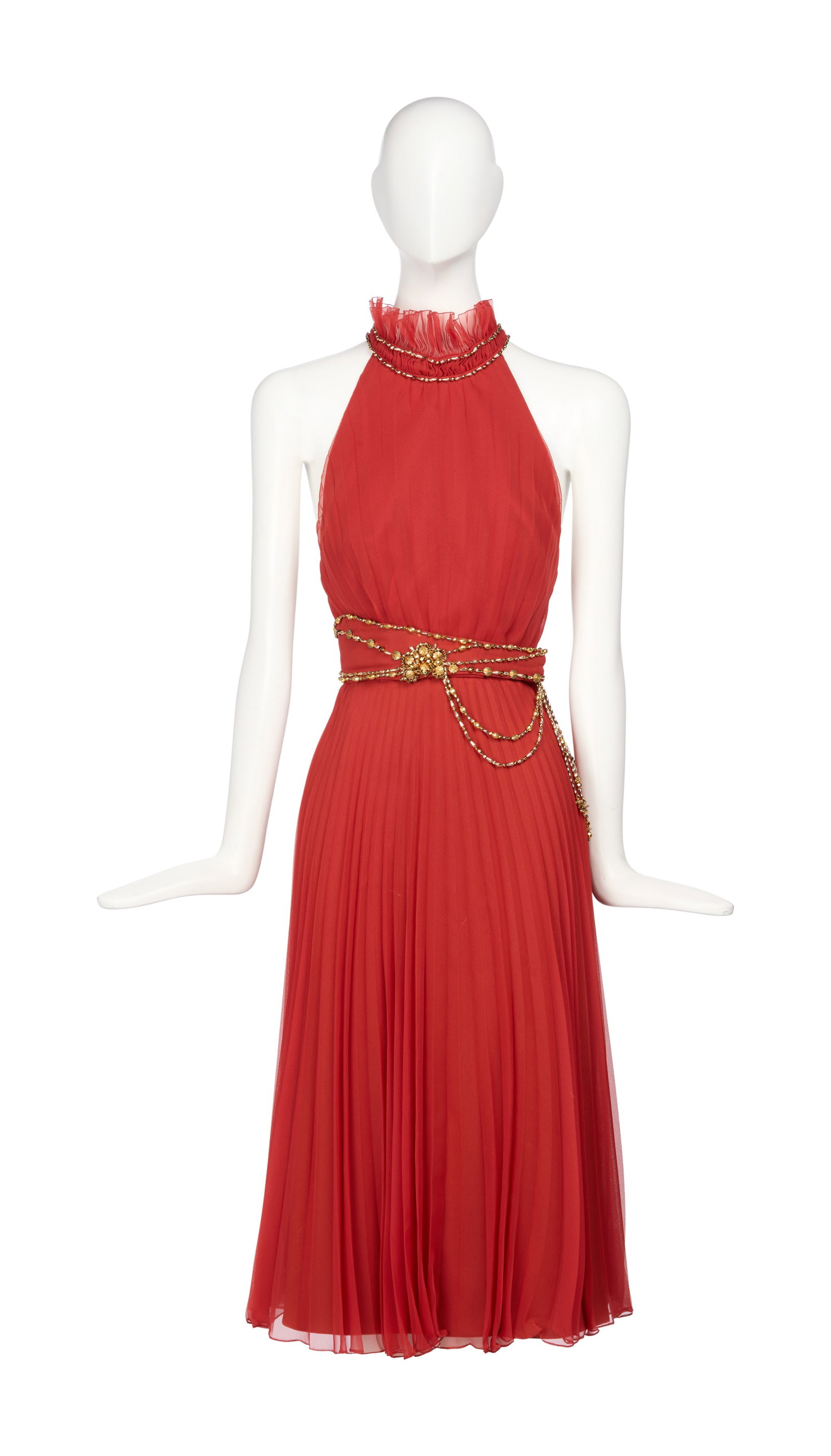 Ann-Margret | 1977 Dress Worn to the Film Premiere of "Joseph Andrews": A halter-top design; made of burnt sienna-colored pleated silk, knee-length, ruffled collar with gold-tone bead adornment, spaghetti straps at back, matching beaded self-belt, back zip-up and snap