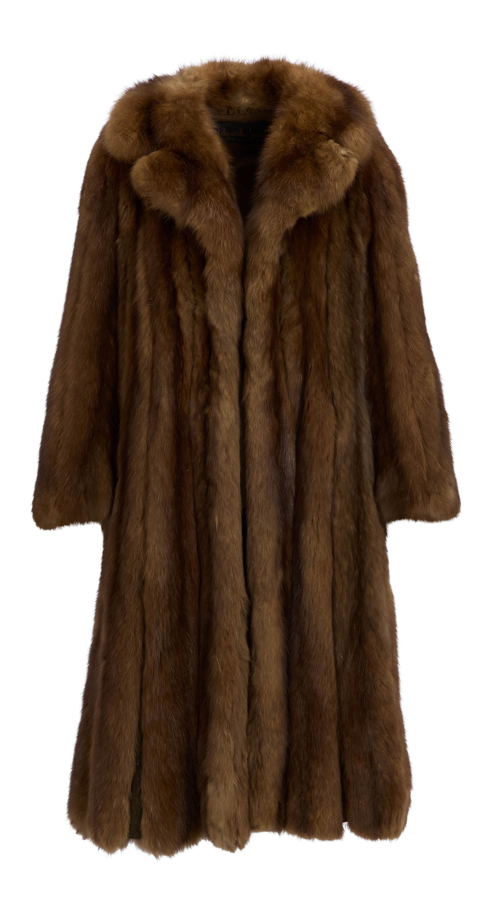 Ann-Margret | 1970s Fur Coat Worn to the Film Premiere of "Joseph Andrews": A garment made of sable; shin-length, rounded peaked lapels; chocolate brown silk lining stitched with a monogram on left side reading "AM"; label reads "Edwards-Lowell / Beverly Hills," included