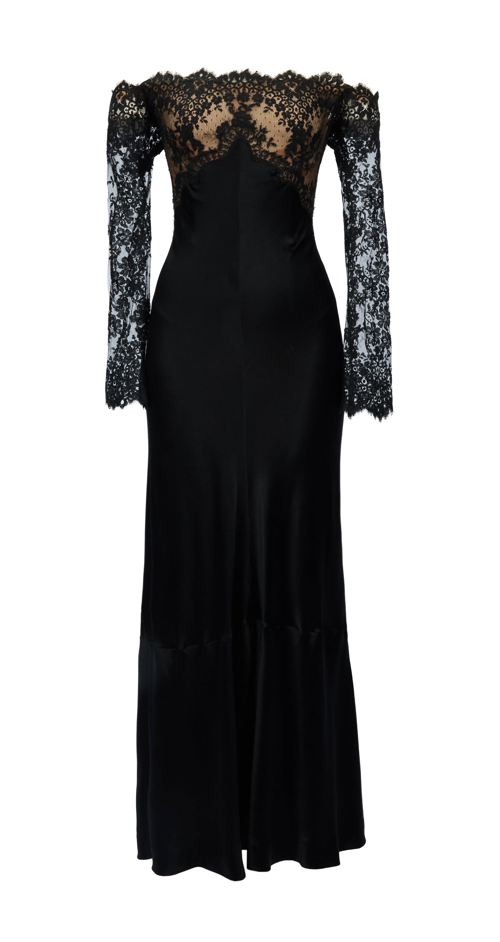Ann-Margret / Sabrina Carpenter | 1977 Gown by Bob Mackie Worn to the Academy Awards; Worn to a Met: A garment made of black satin; floor-length, top portion made of nude-colored silk with a black lace overlay, off the shoulder neckline, long sleeves, back zip-up closure; label reads "Bob Mackie"; wo