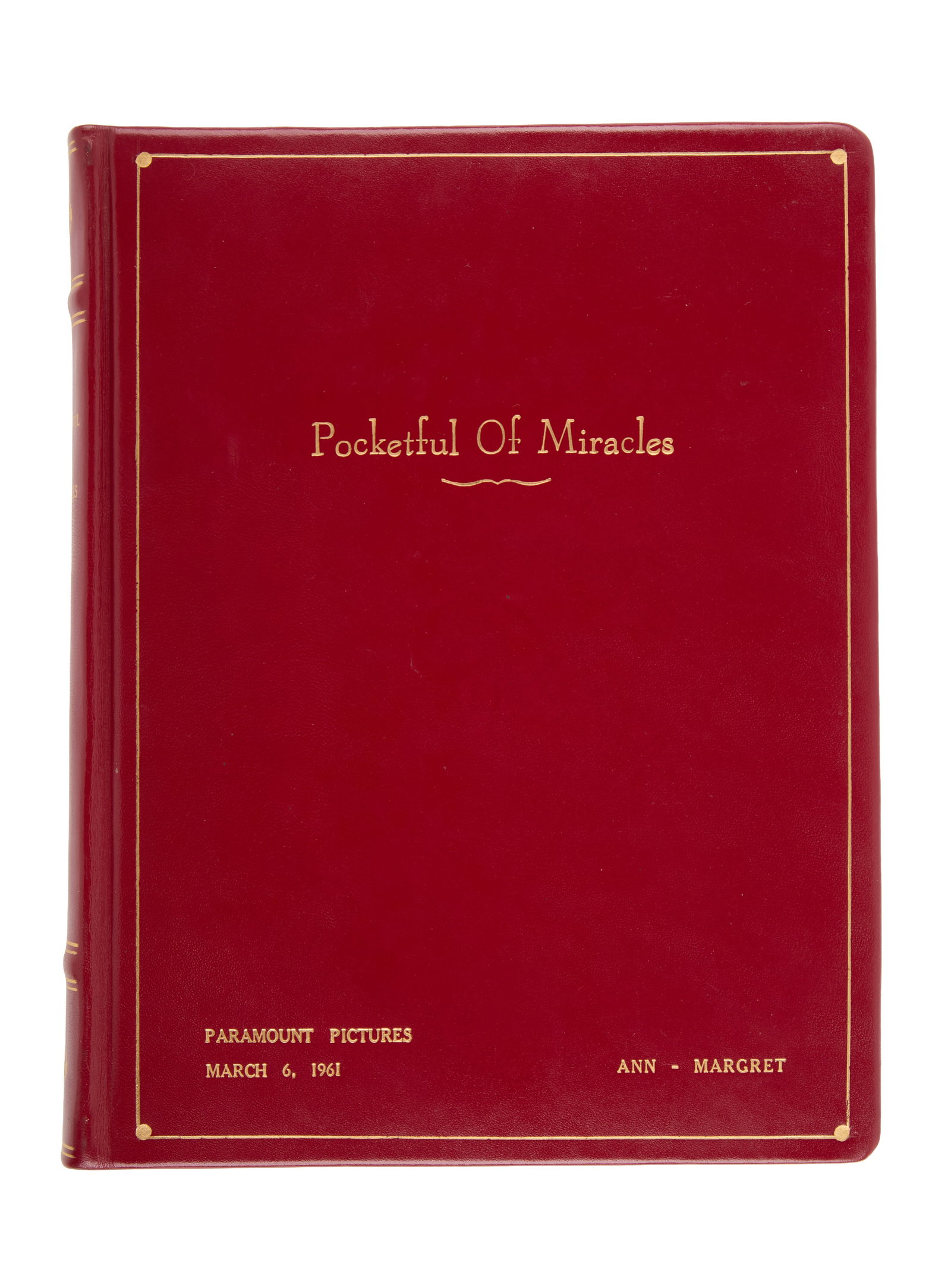 Ann-Margret | 1961 Library Copy Script from "Pocketful of Miracles": United Artists, 1961; elegant red leather covers, film title, star's name, and date of "March 6, 1961" embossed in gold-tone ink on front cover, film title only on spine, ownership signature penned