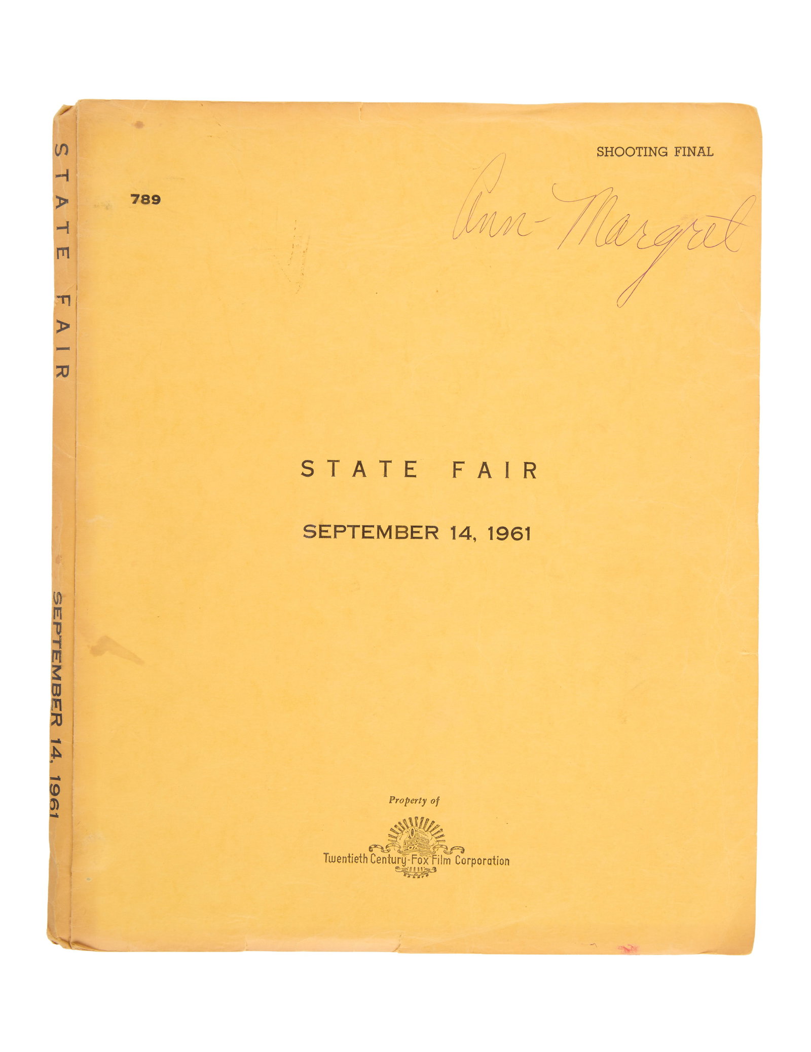 Ann-Margret | 1961 Script from "State Fair" (II): 20th Century Fox, 1962; yellow covers, marked "Shooting Final," dated "September 14, 1961," with the star's purple ballpoint ink ownership signature in the upper right corner, further light