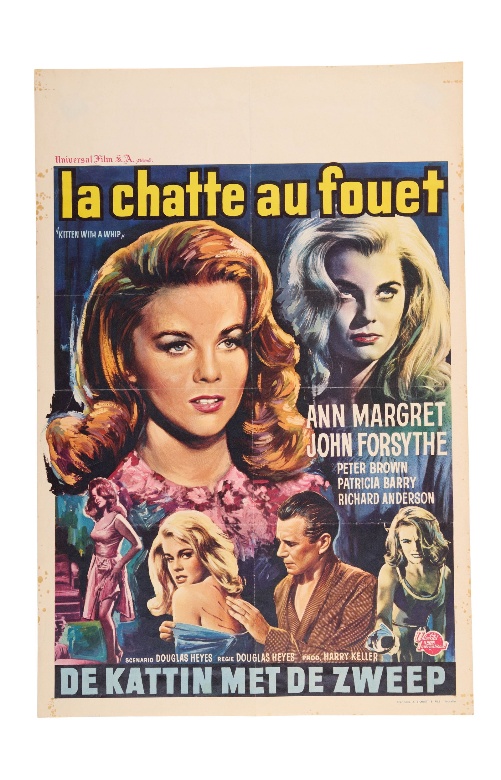 Ann-Margret | 1964 Belgian Window Card Movie Poster from "Kitten with a Whip": Universal, 1964; "La Chatte au Fouet" / "De Kattin Met De Zweep"; featuring an excellent likeness of Ann-Margret in five different vignettes; folded; please note there is foxing around the white