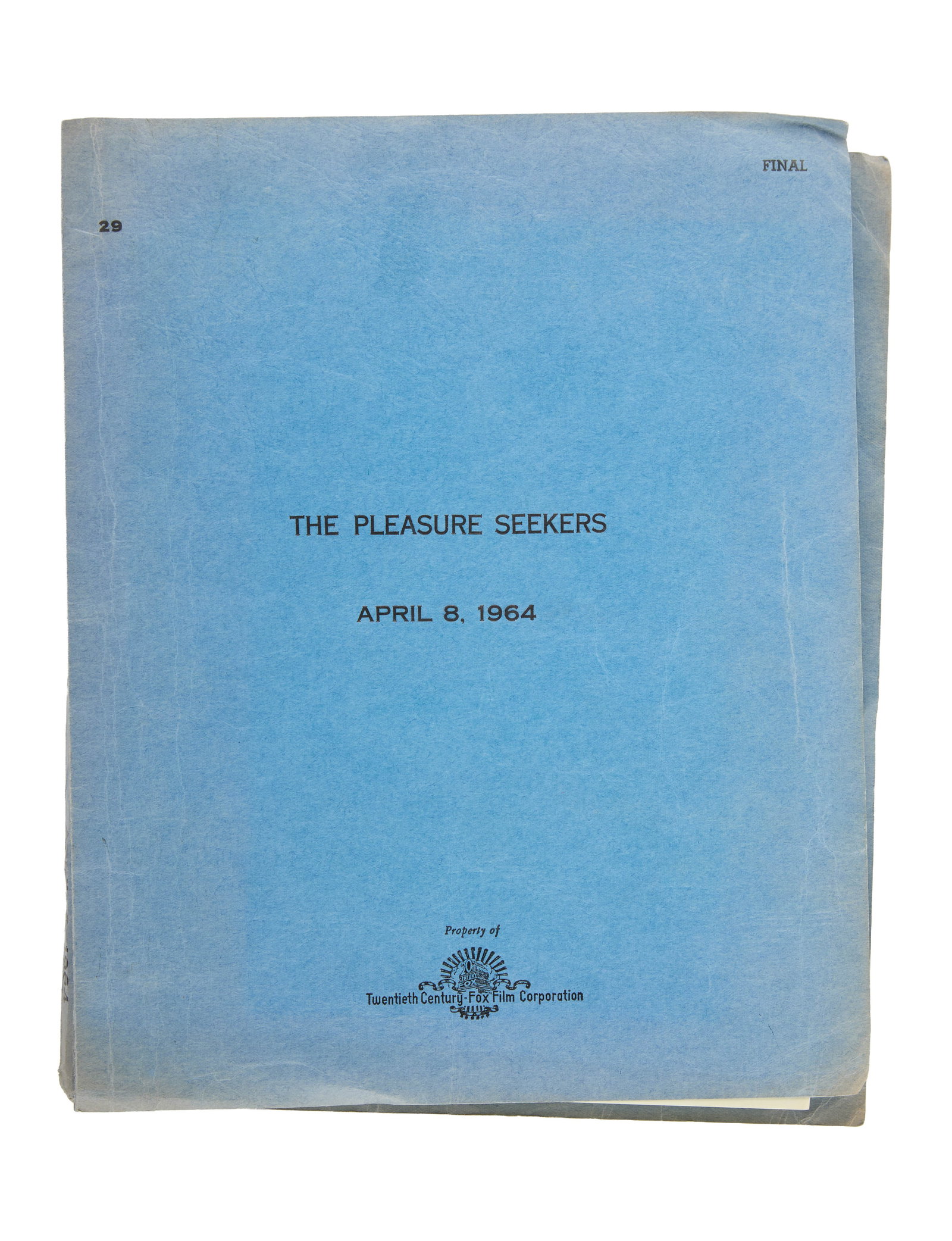 Ann-Margret | 1964 Script from "The Pleasure Seekers": 20th Century Fox, 1964; blue covers, marked "Final," dated "April 8, 1964," screenplay by Edith Sommer, 135 pages, with a number of colored ?script change' pages throughout, with a number of