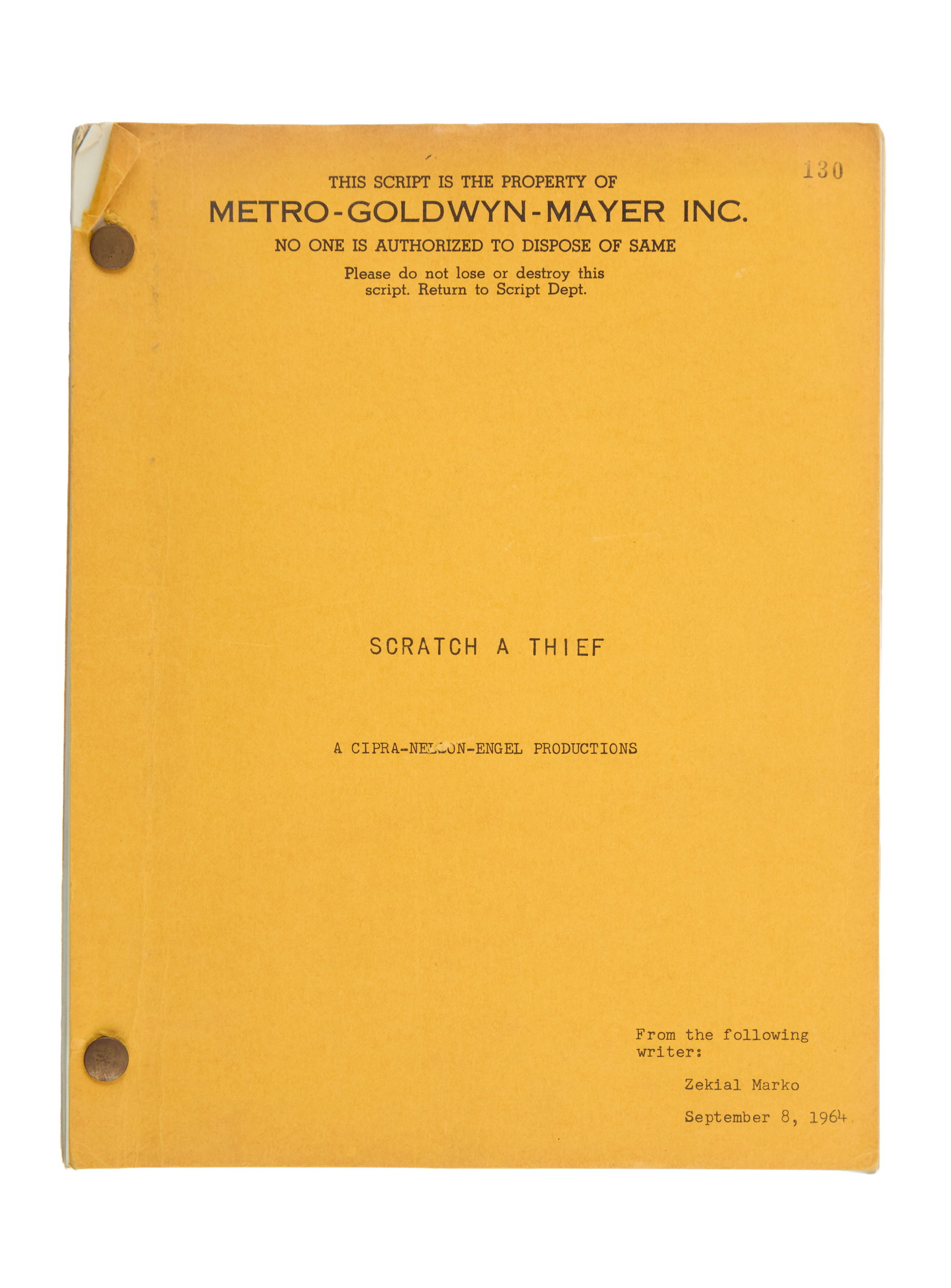 Ann-Margret | 1964 Script from "Once A Thief": Metro-Goldwyn-Mayer, 1965; goldenrod yellow covers, working title of "Scratch a Thief" noted on front, dated "September 8, 1964," screenplay by Zekial Marko, 134 pages, with a number of colored