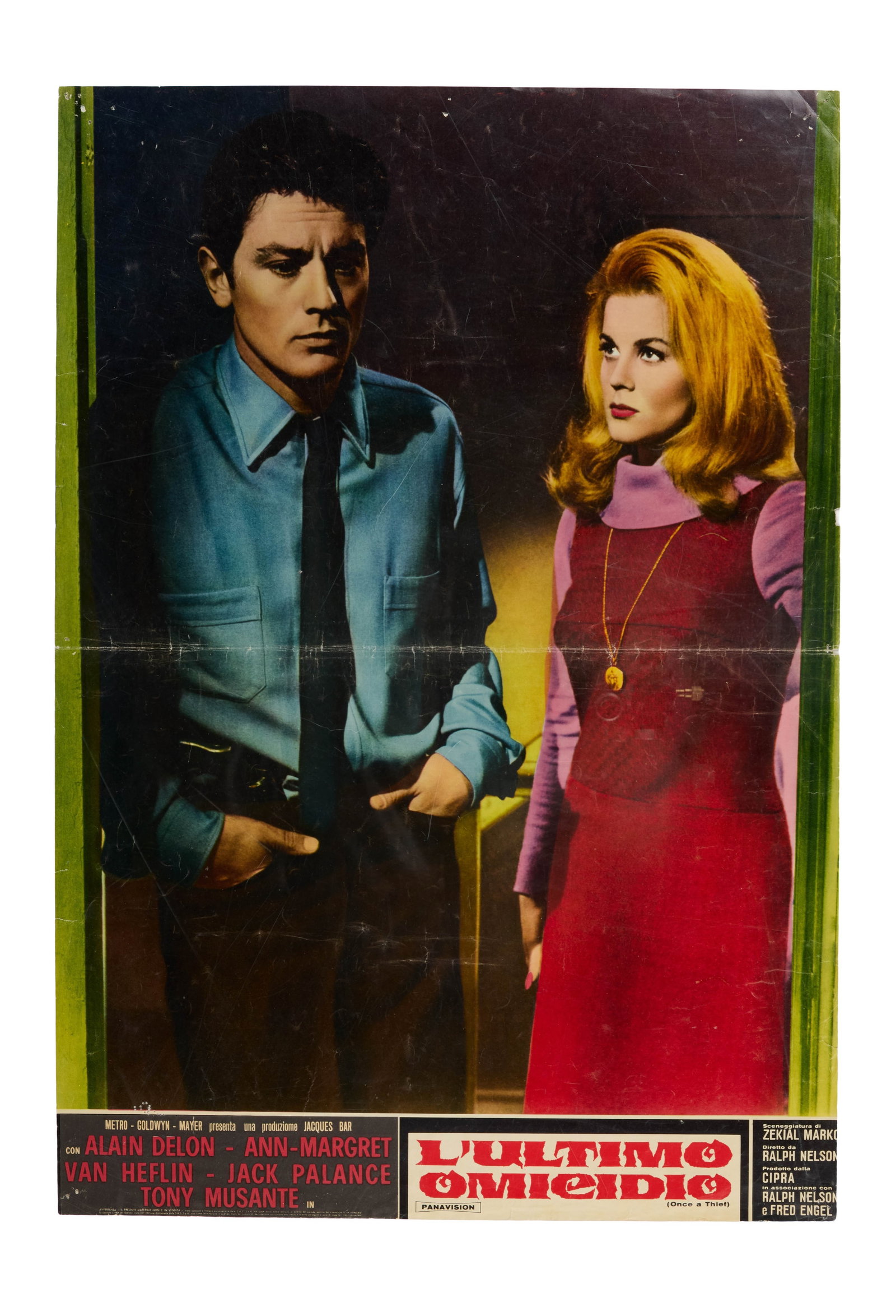 Ann-Margret | 1965 Italian Fotobusta Movie Poster from "Once a Thief": Metro-Goldwyn-Mayer, 1965; "L'ultimo Omieidio" [The Last Murder], featuring a colorized image of the blazingly beautiful leads, Ann-Margret and Alain Delon, looking quite serious; folded; please note