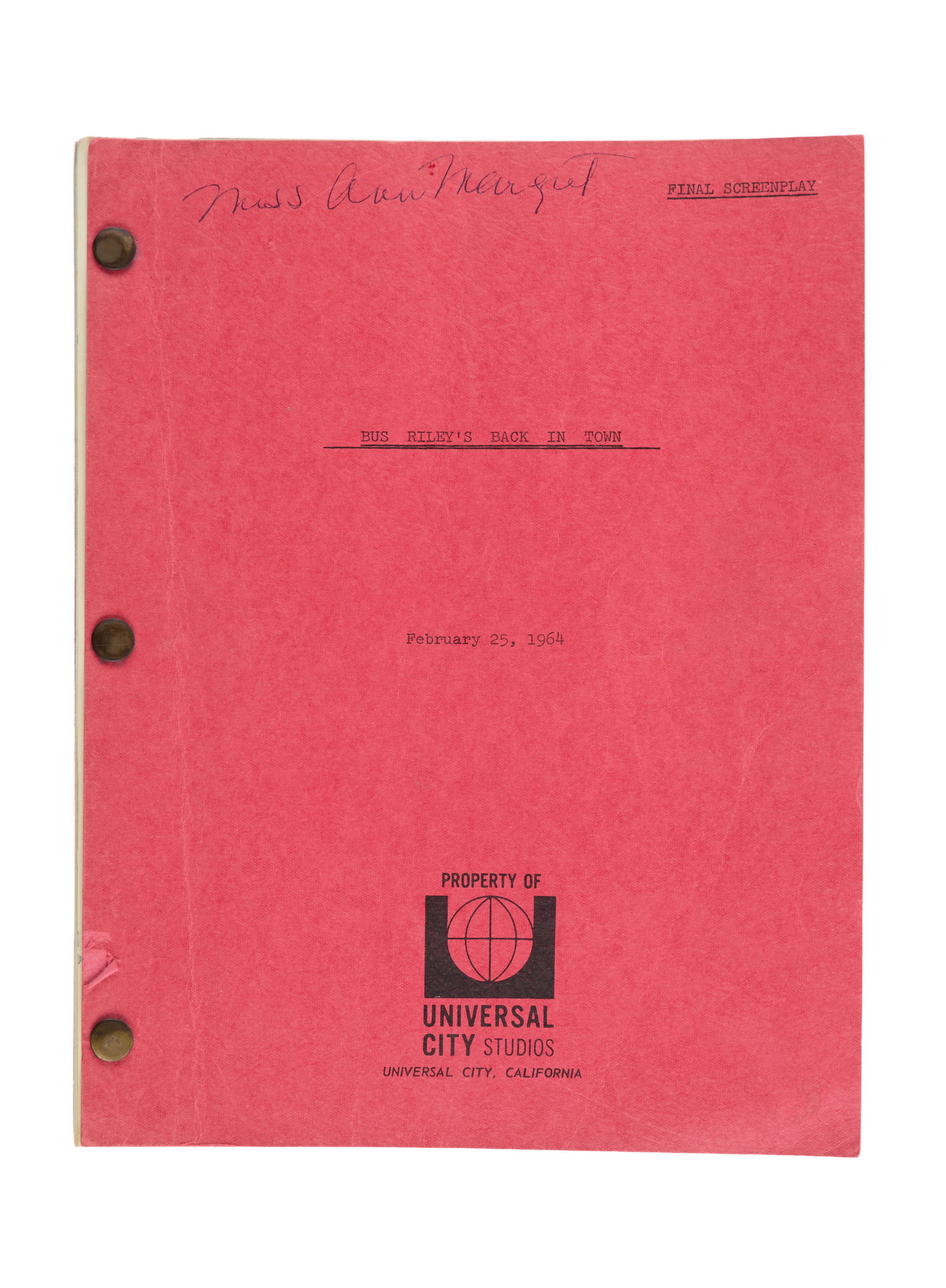 Ann-Margret | 1964 Script from "Bus Riley's Back in Town": Universal, 1965; red covers, marked "Final Screenplay," dated "February 25, 1964," with the star's blue ballpoint ink ownership signature penned in the upper left corner, screenplay by William Inge,