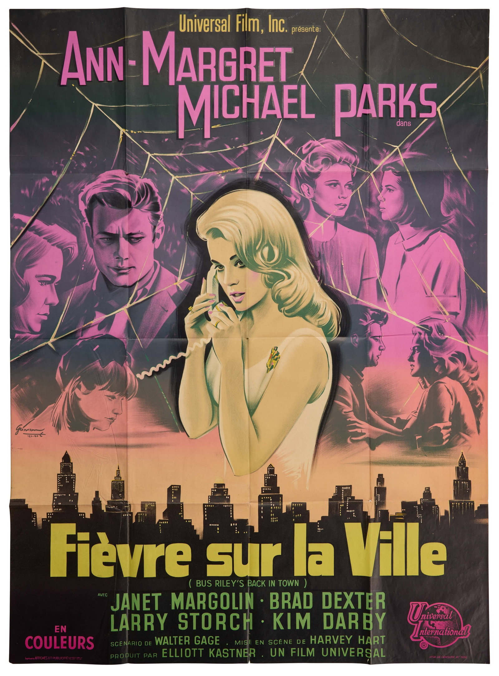Ann-Margret | 1965 Rare French Grande Movie Poster from "Bus Riley's Back in Town": Universal, 1965; "Fièvre sur la Ville" [Fever in the City], featuring beautiful artwork by Boris Grinsson depicting the star holding a telephone as four smaller vignettes are seen behind her;