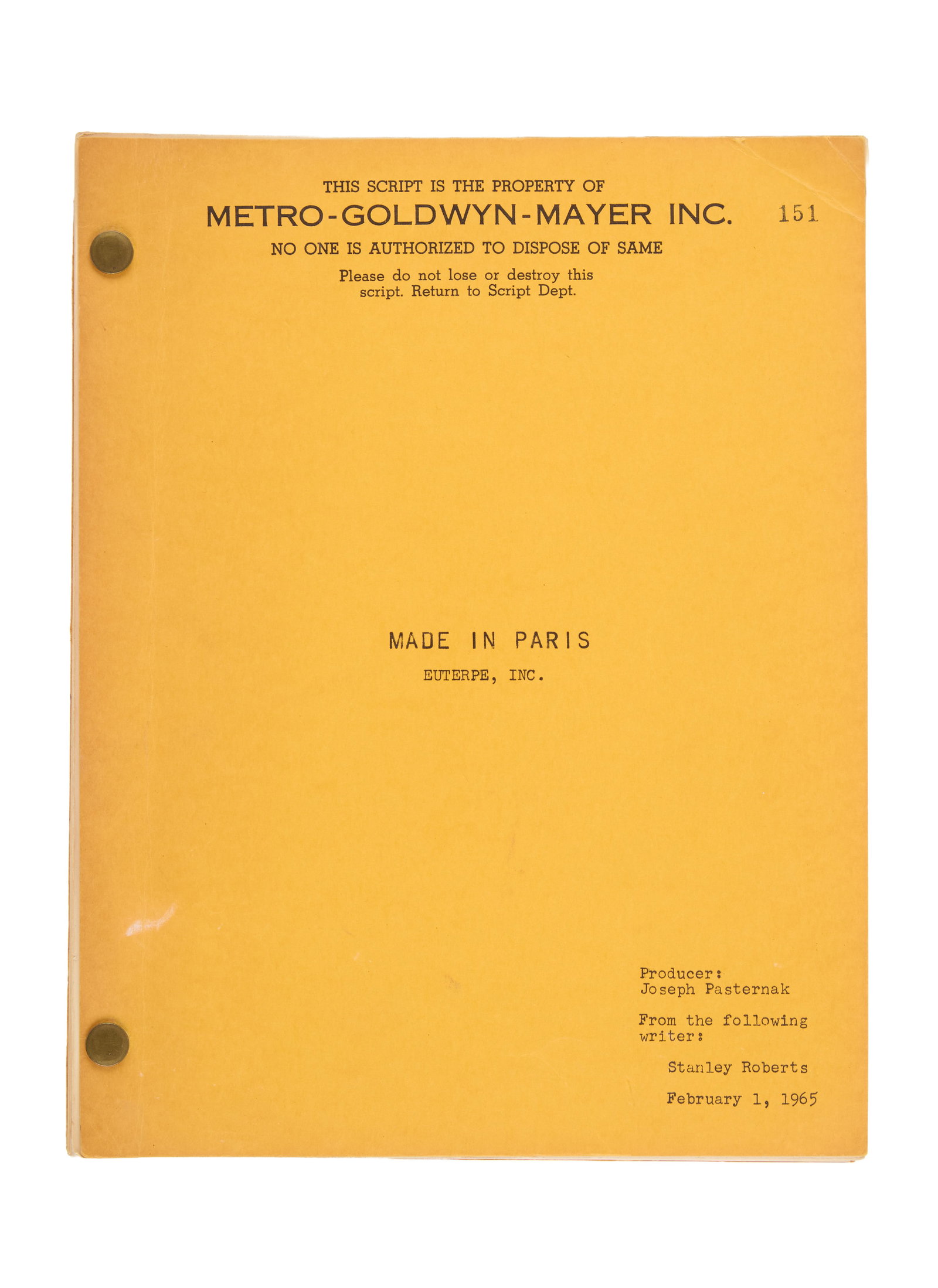 Ann-Margret | 1965 Script from "Made in Paris" (I): Metro-Goldwyn-Mayer, 1966; goldenrod yellow covers, dated "February 1, 1965," screenplay by Stanley Roberts, 113 pages, with a few colored ?script change' pages throughout, with a number of