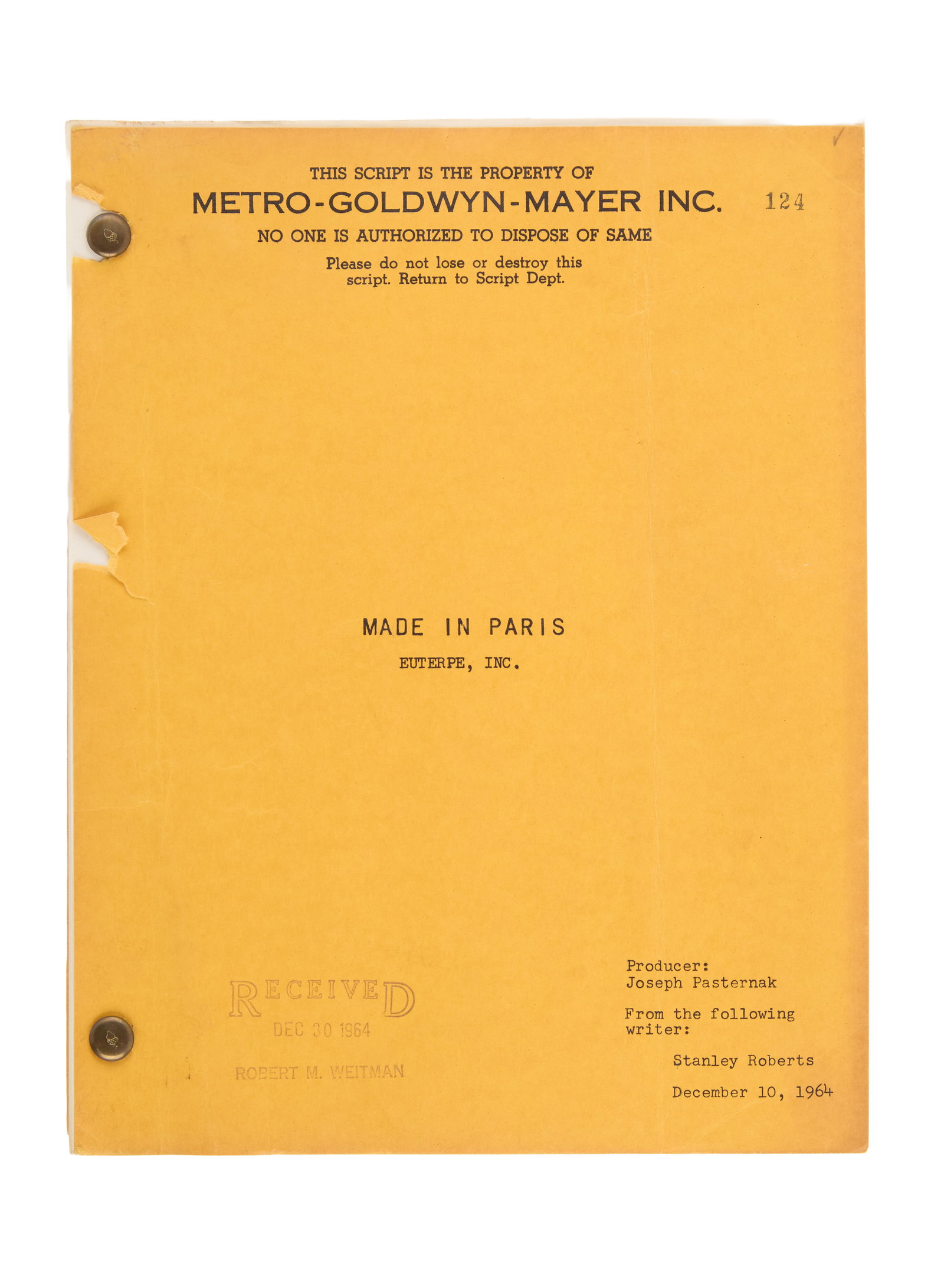 Ann-Margret | 1964 Script from "Made in Paris" (II): Metro-Goldwyn-Mayer, 1966; goldenrod yellow covers, dated "December 10, 1964," screenplay by Stanley Roberts, 134 pages; an early read-through version given to the star.