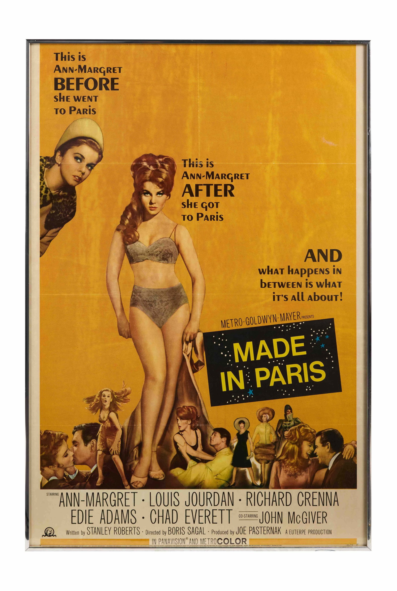 Ann-Margret | 1966 One-Sheet Movie Poster from "Made in Paris": Metro-Goldwyn-Mayer, 1966; featuring two really cute main images of Ann-Margret that are an excellent likeness; from the romantic comedy co-starring Louis Jourdan; framed; on display in the star's