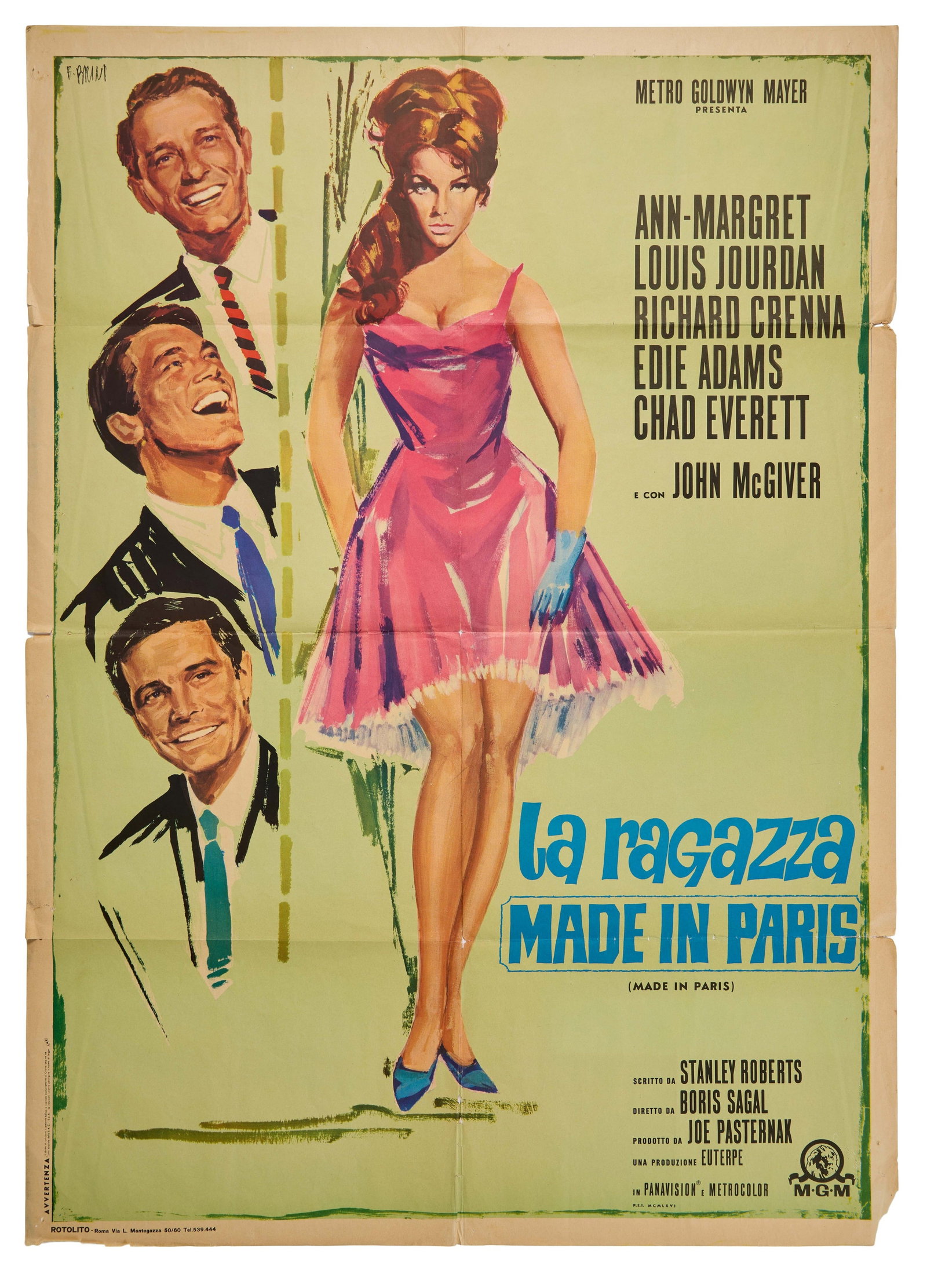 Ann-Margret | 1966 Italian 2 Fogli Movie Poster from "Made in Paris": Metro-Goldwyn-Mayer, 1966; "La Ragazza" [The Girl], featuring pretty artwork by Ercole Brini depicting Ann-Margret front and center in a bubble gum pink dress as her three suitors [Richard Crenna,