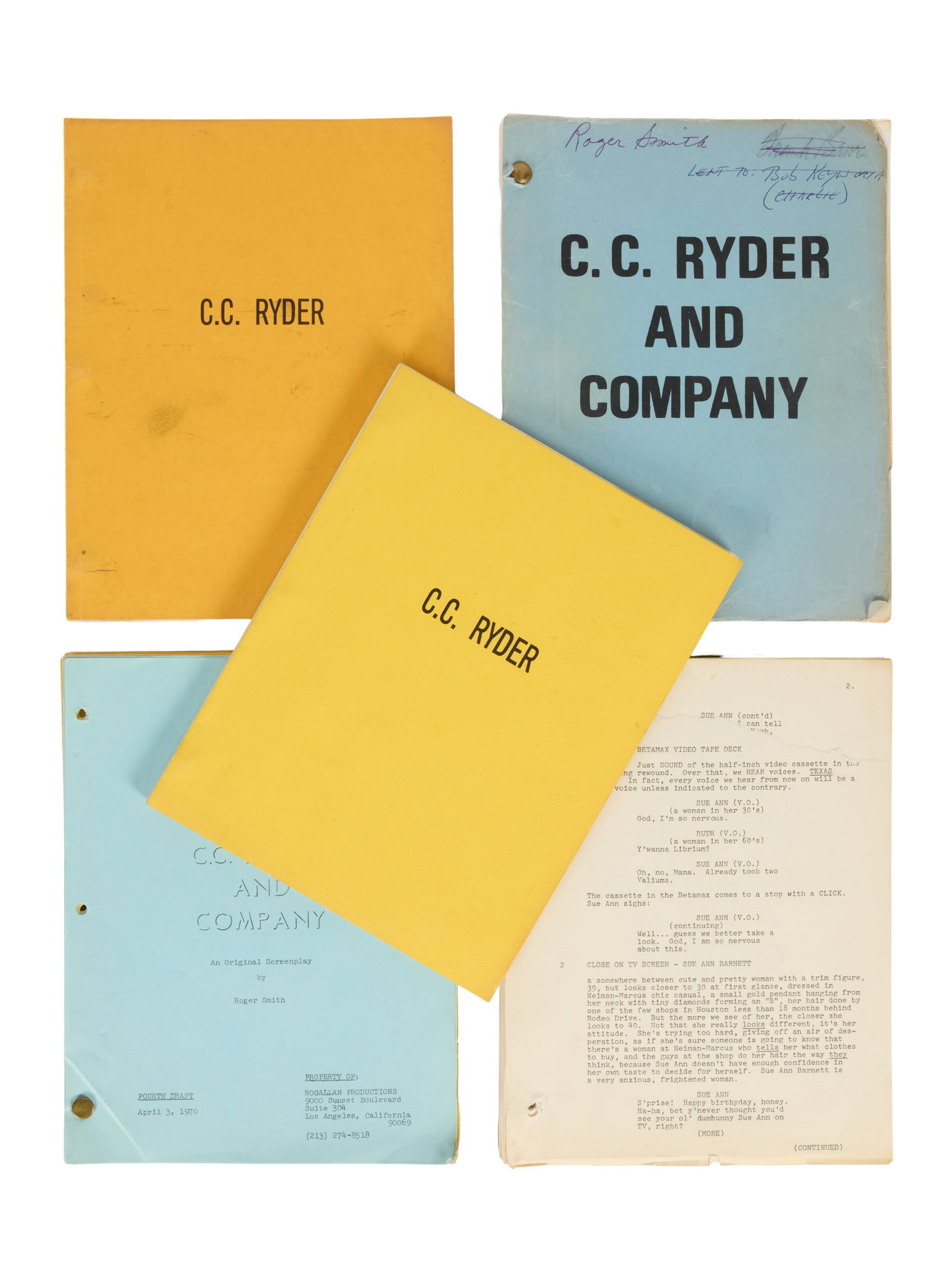 Ann-Margret | 1970 Script from "C.C. and Company": Avco Embassy Pictures, 1970; blue covers, with original title noting "C.C. Ryder and Company," with the star's penciled ownership signature in the upper right corner, screenplay by Roger Smith