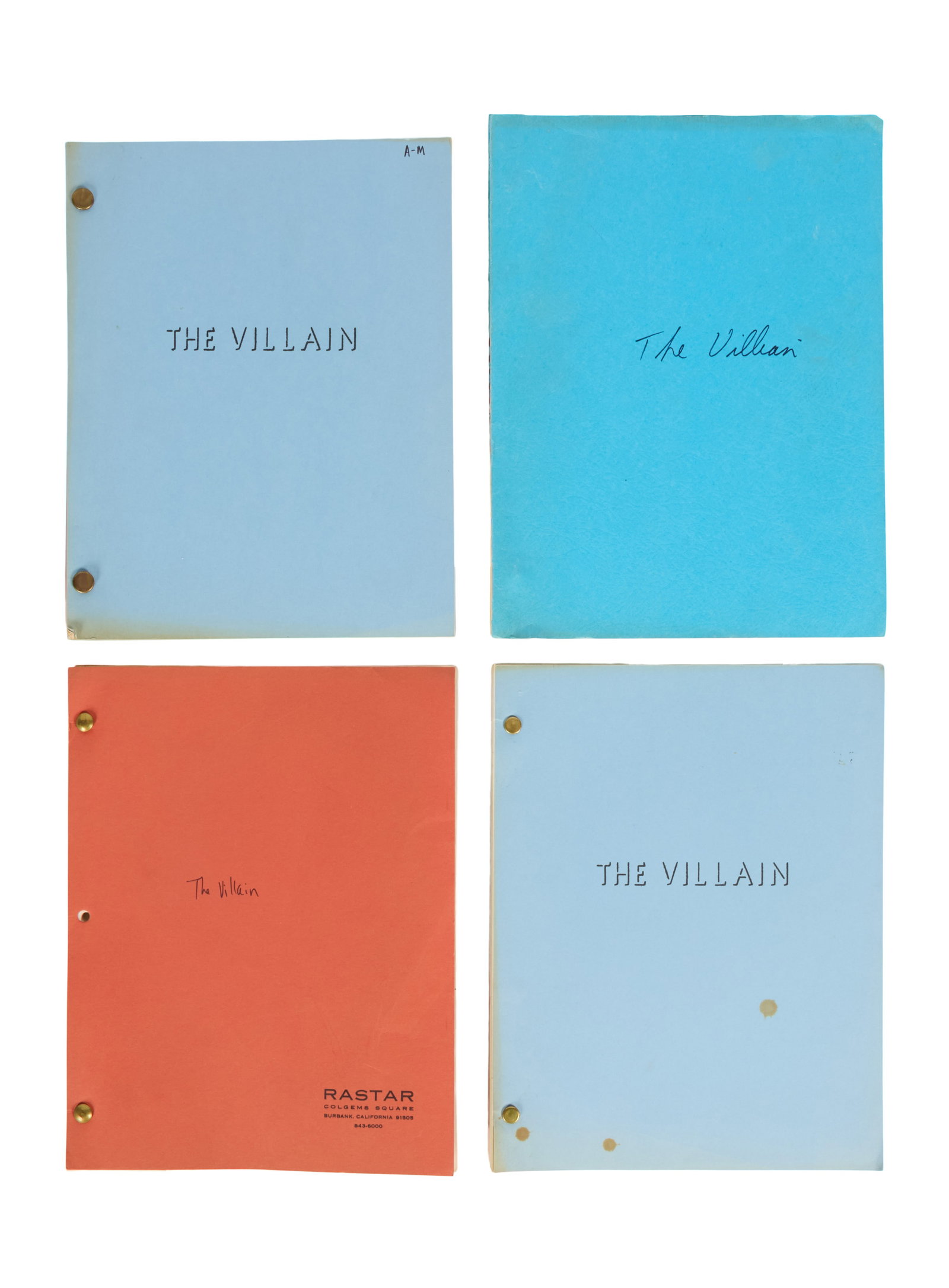 Ann-Margret | 1979 Script from "The Villain": Columbia, 1979; blue covers, dated "August 16, 1978," screenplay by Robert G. Kane, 81 pages, a number of colored ?script change' pages throughout; also included are three other earlier versions of